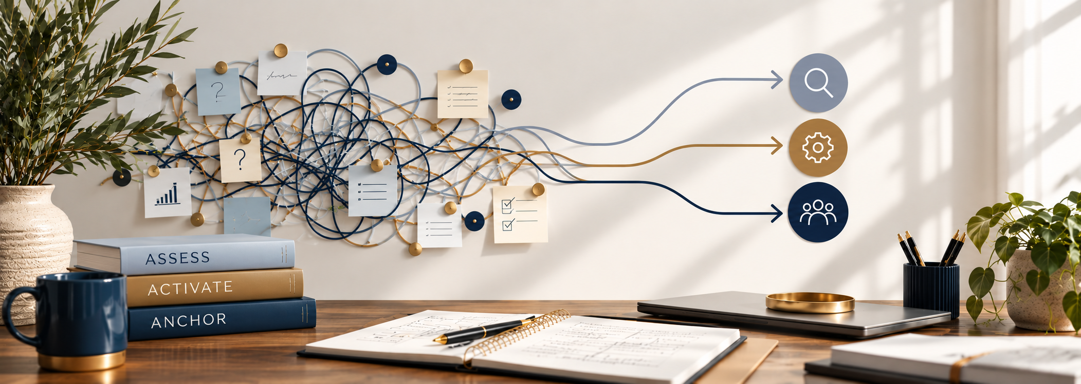 A tangled network of lines and notes becomes three clear paths representing Assess, Activate, and Anchor, set above a professional workspace in Anchored Business Strategies’ brand colors.