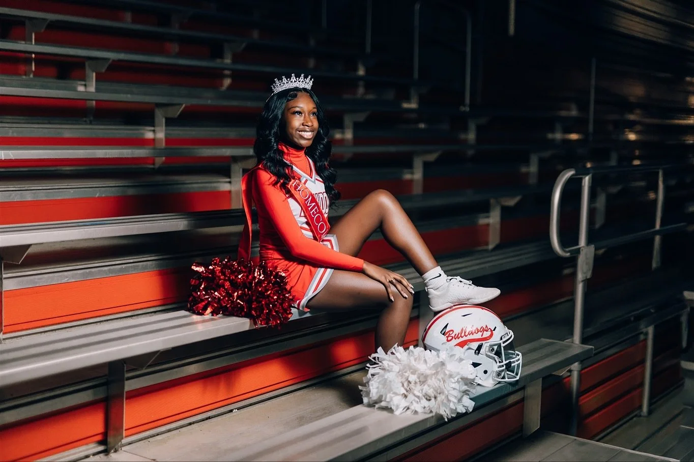 Royal energy and school spirit all in one frame 👑📸 Cheers to this Homecoming Queen! ❤️🤍 Go Bulldogs #HomecomingQueen #CheerLife #HomecomingVibes #SeniorMoments #Classof2026 #laurelbulldogs