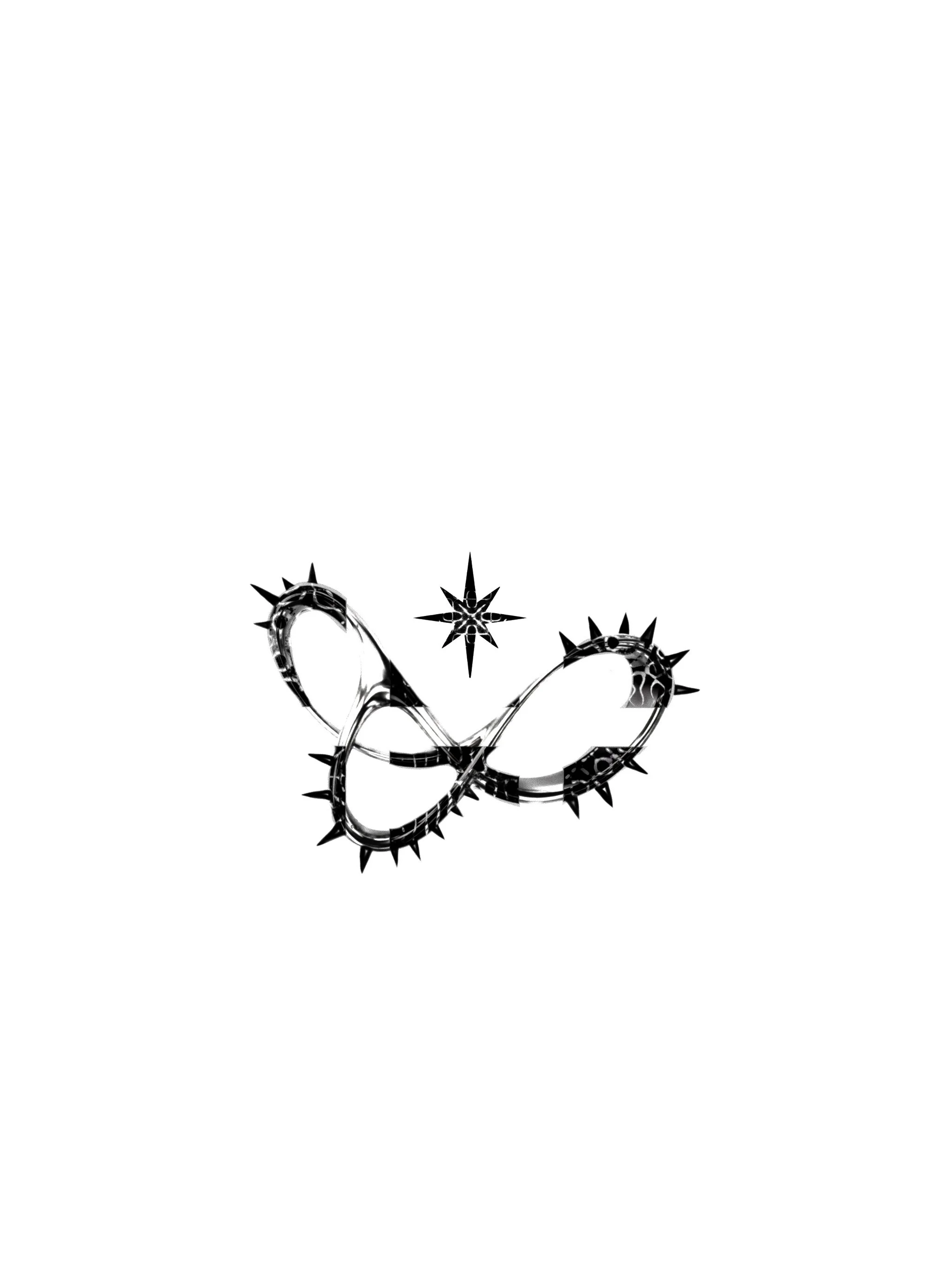 Black and white digital illustration of a crown decorated with numerous spikes and ornate detailing.