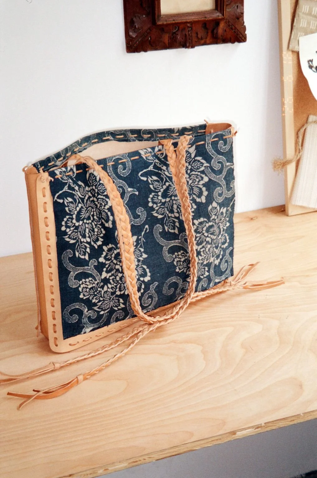 Leather Tote with Katazome Japanese Textile