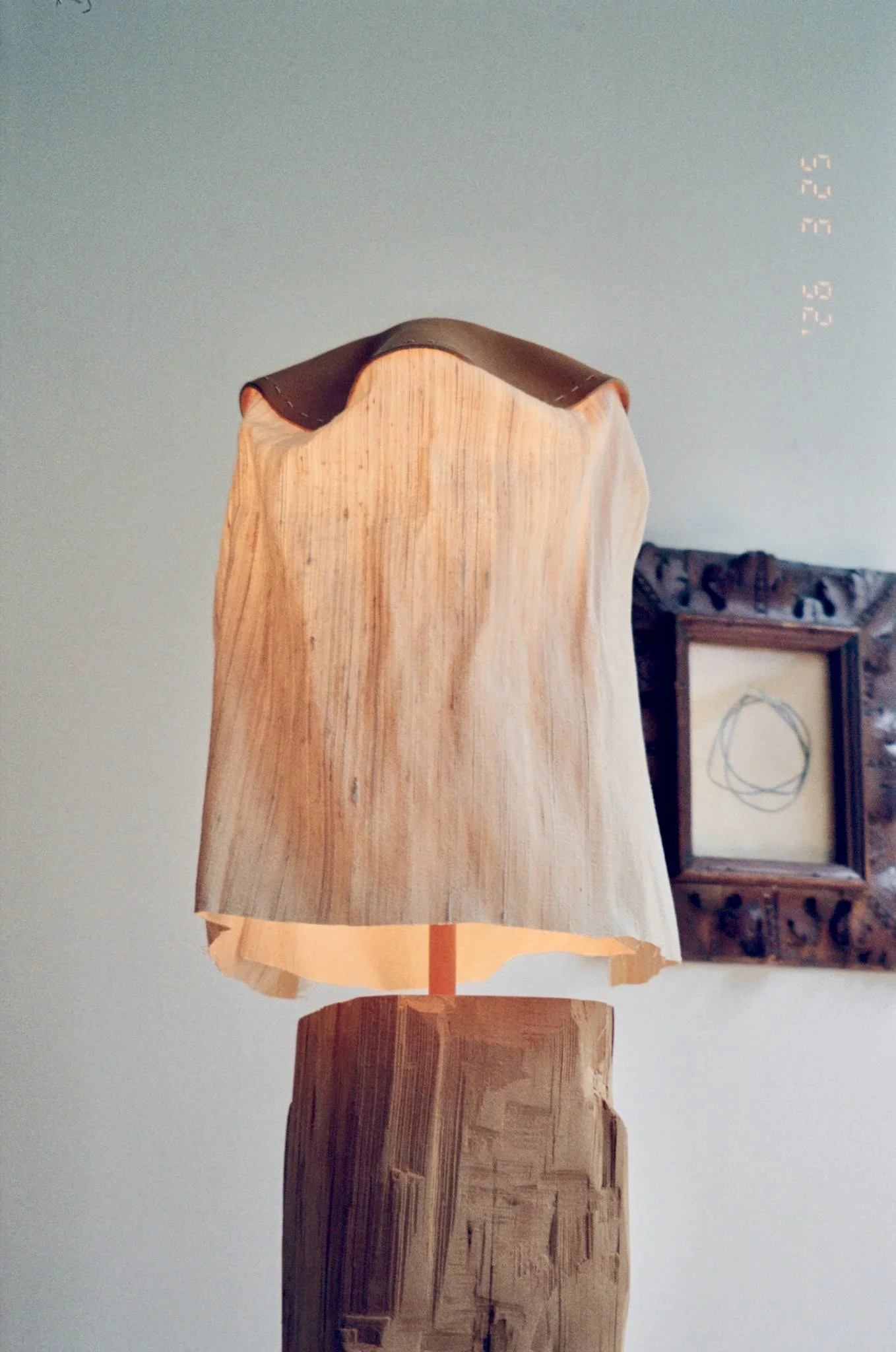 Bespoke Lamp Salvaged Beam Leather Cord Silk Shade