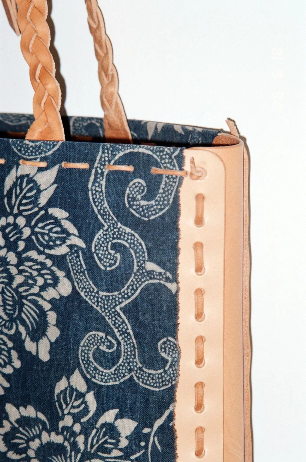 Leather Tote with Katazome Japanese Textile