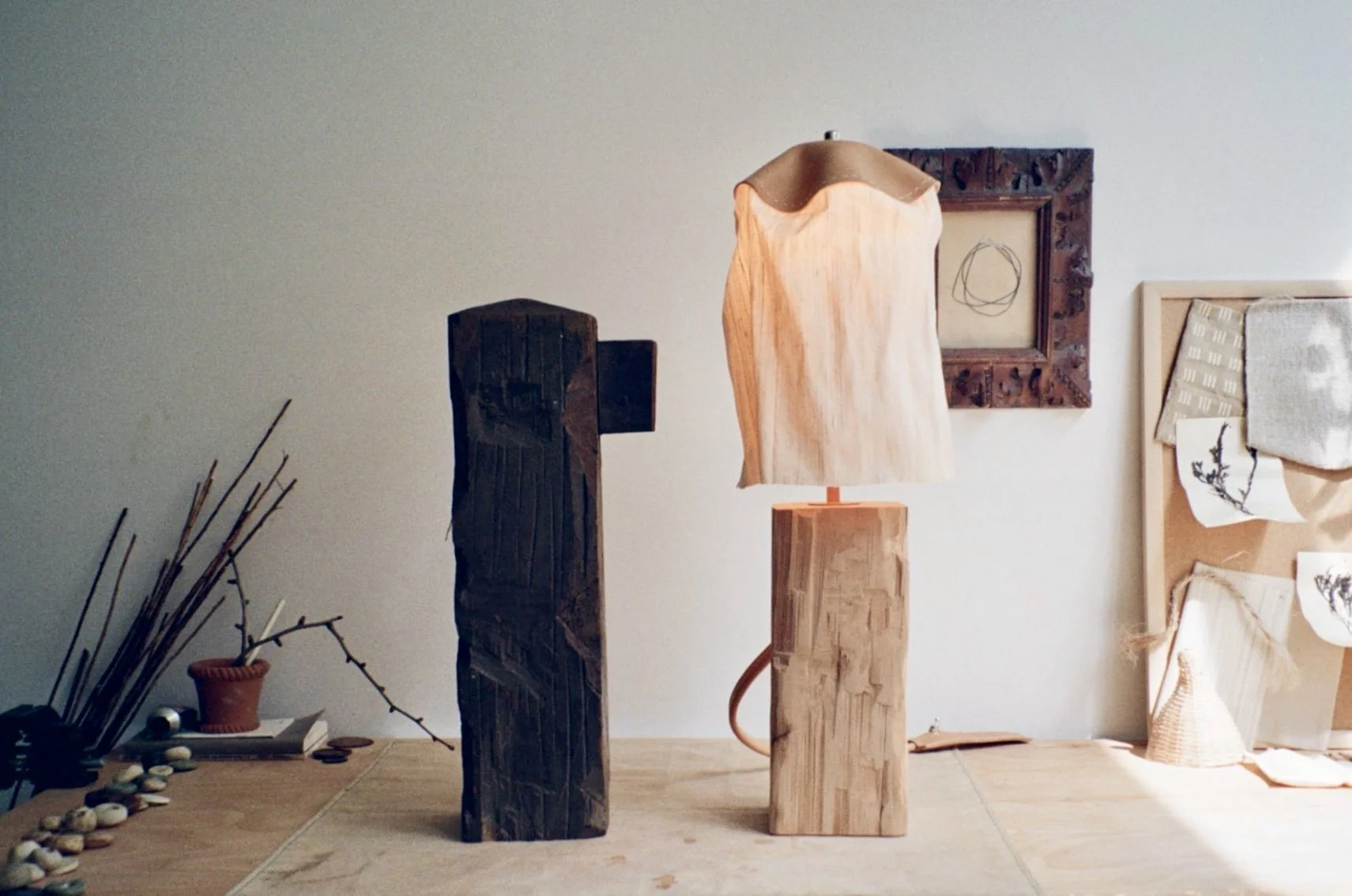 Bespoke Lamp Salvaged Beam Leather Cord Silk Shade