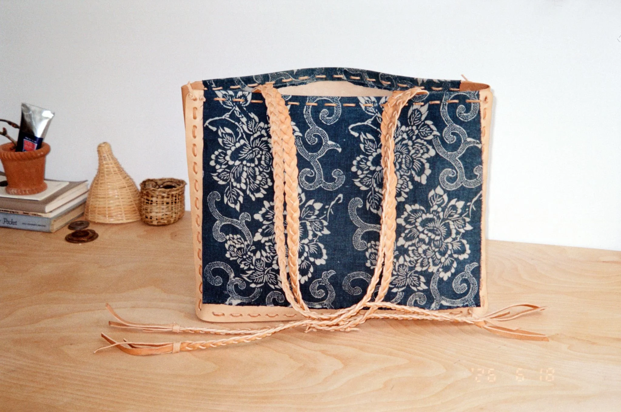 Leather Tote with Katazome Japanese Textile