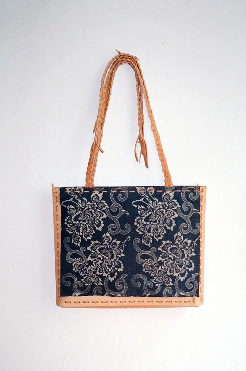 Leather Tote with Katazome Japanese Textile