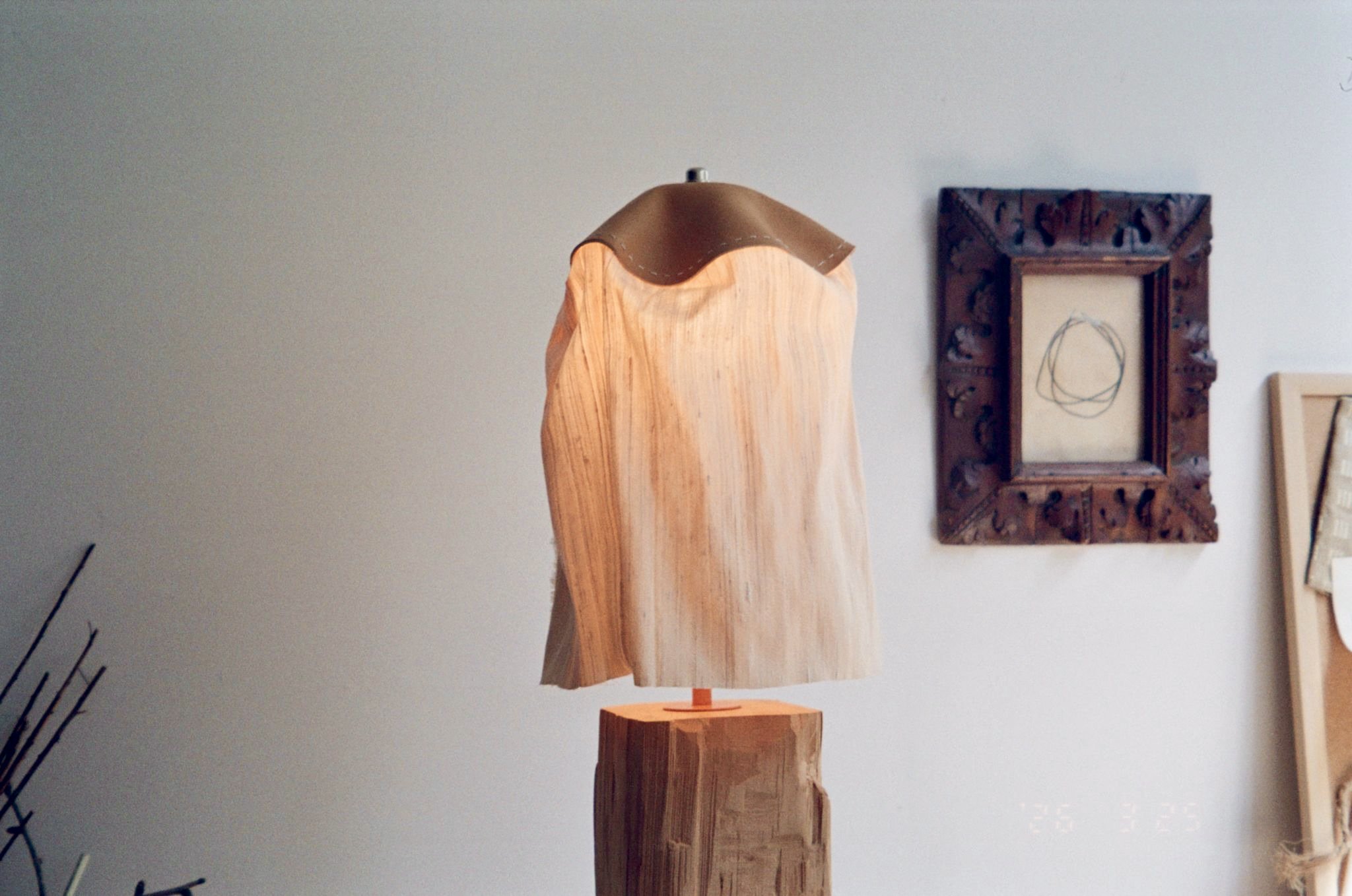 Bespoke Lamp Salvaged Beam Leather Cord Silk Shade