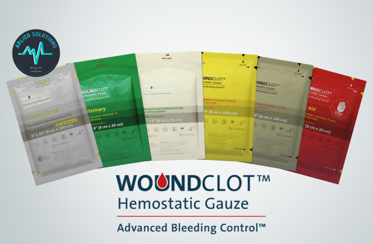 Image of five different colors of WoundClot Hemostatic Gauze packs displayed in a row, with the product name and details visible. The packs include colors white, green, white, yellow, gray, and red, each labeled for different medical uses, with the logo and slogan below.