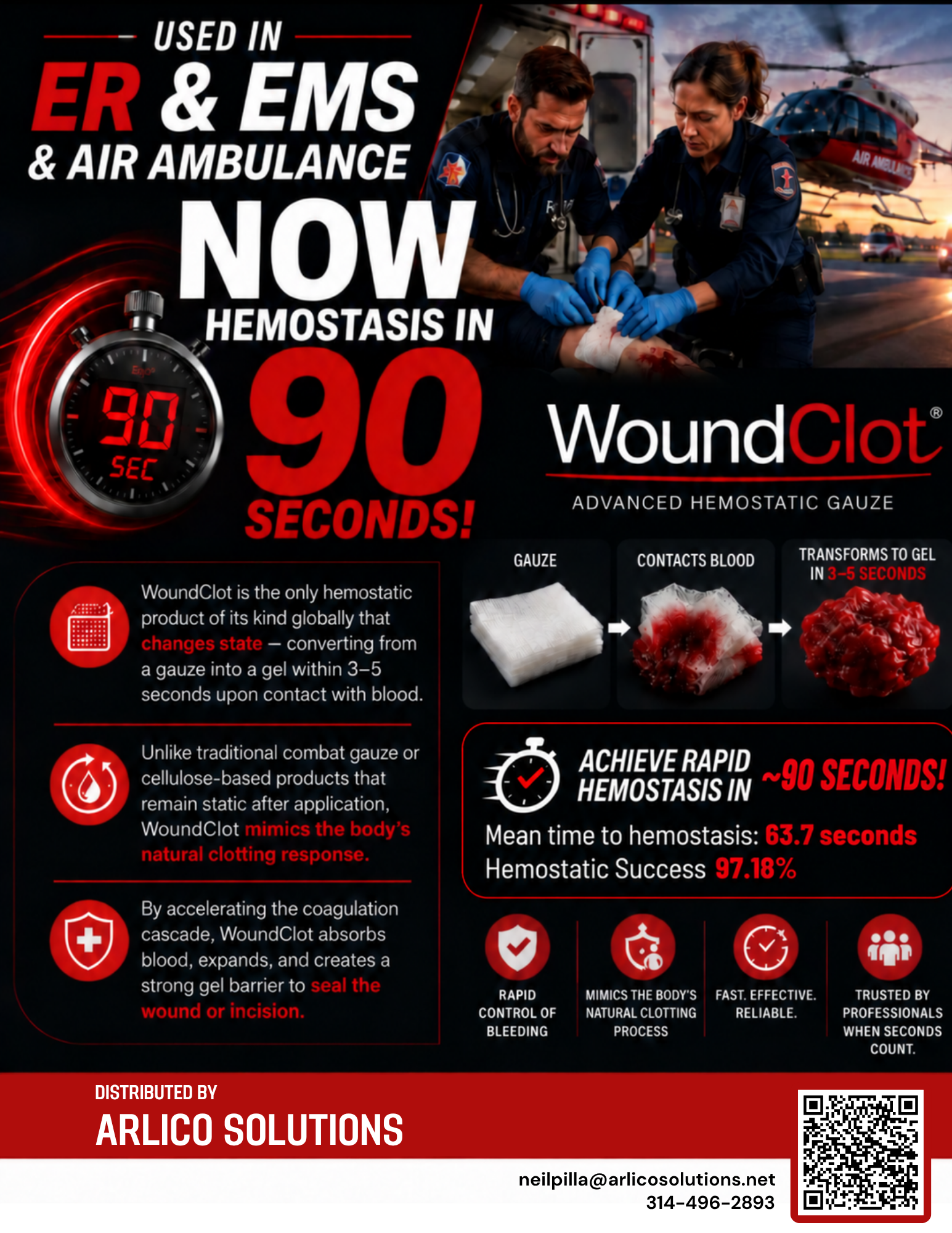 Promotional infographic for WoundClot, a hemostatic gauze used in emergency medical services, air ambulances, and hospitals. Features a stopwatch showing 90 seconds, an emergency medical scene with paramedics attending to a patient, and illustrations of the product transforming from gauze to gel in 3-5 seconds. Highlights include rapid blood clotting, mimicking the body's natural clotting process, sealing wounds, quick hemostasis in around 90 seconds, and high success rate of 97.18%. The infographic includes contact information and branding for Arlico Solutions.