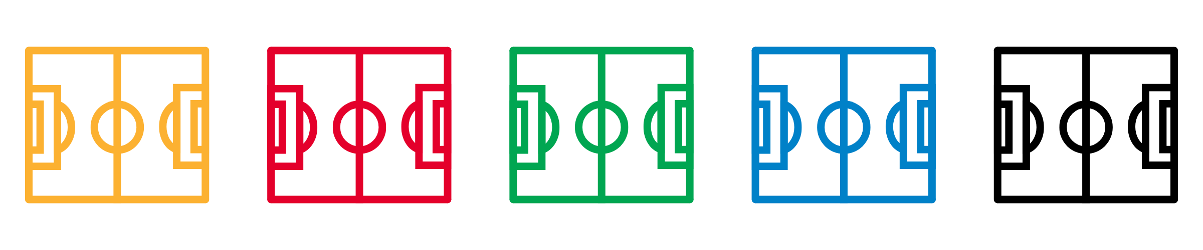 Five colorful simplified soccer fields in orange, red, green, blue, and black with markings and lines