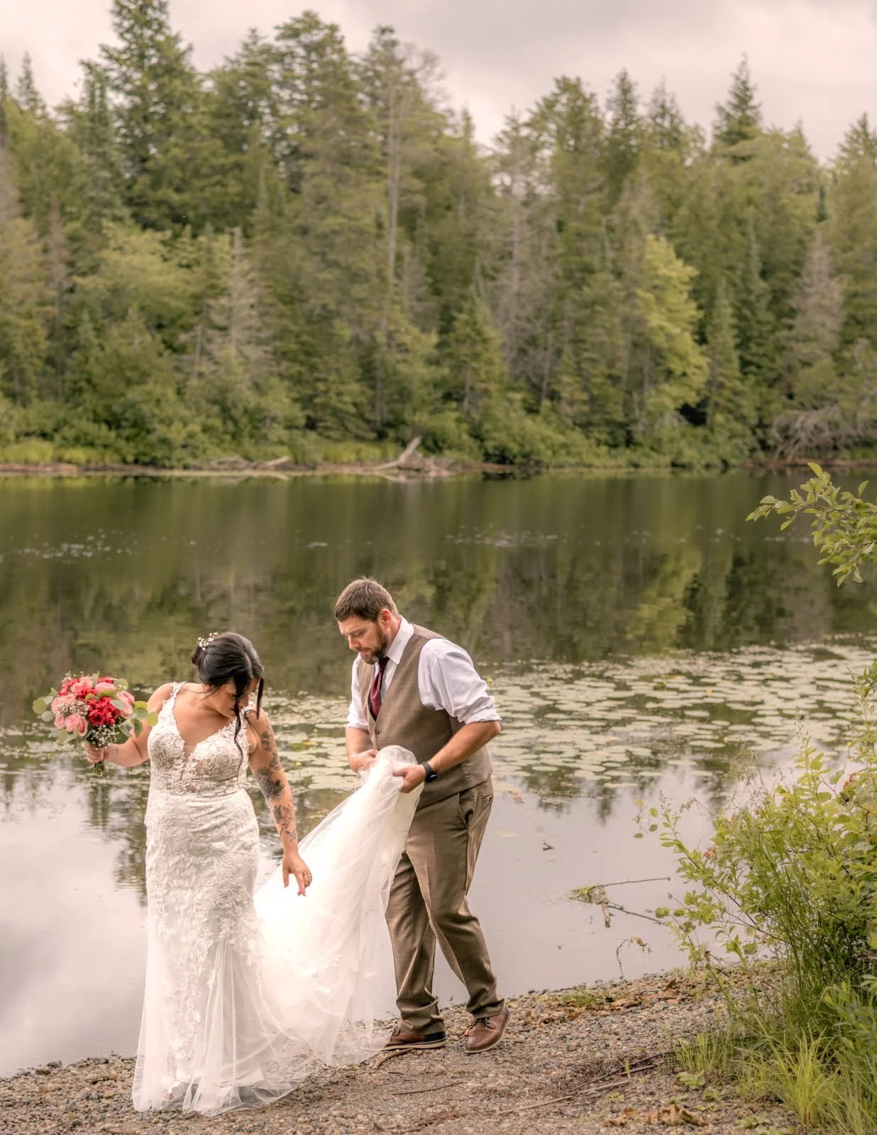 Bridal Alteration: rolled hem, cut edge (tulle) hem, bustle, cups, take in lace bodice. 