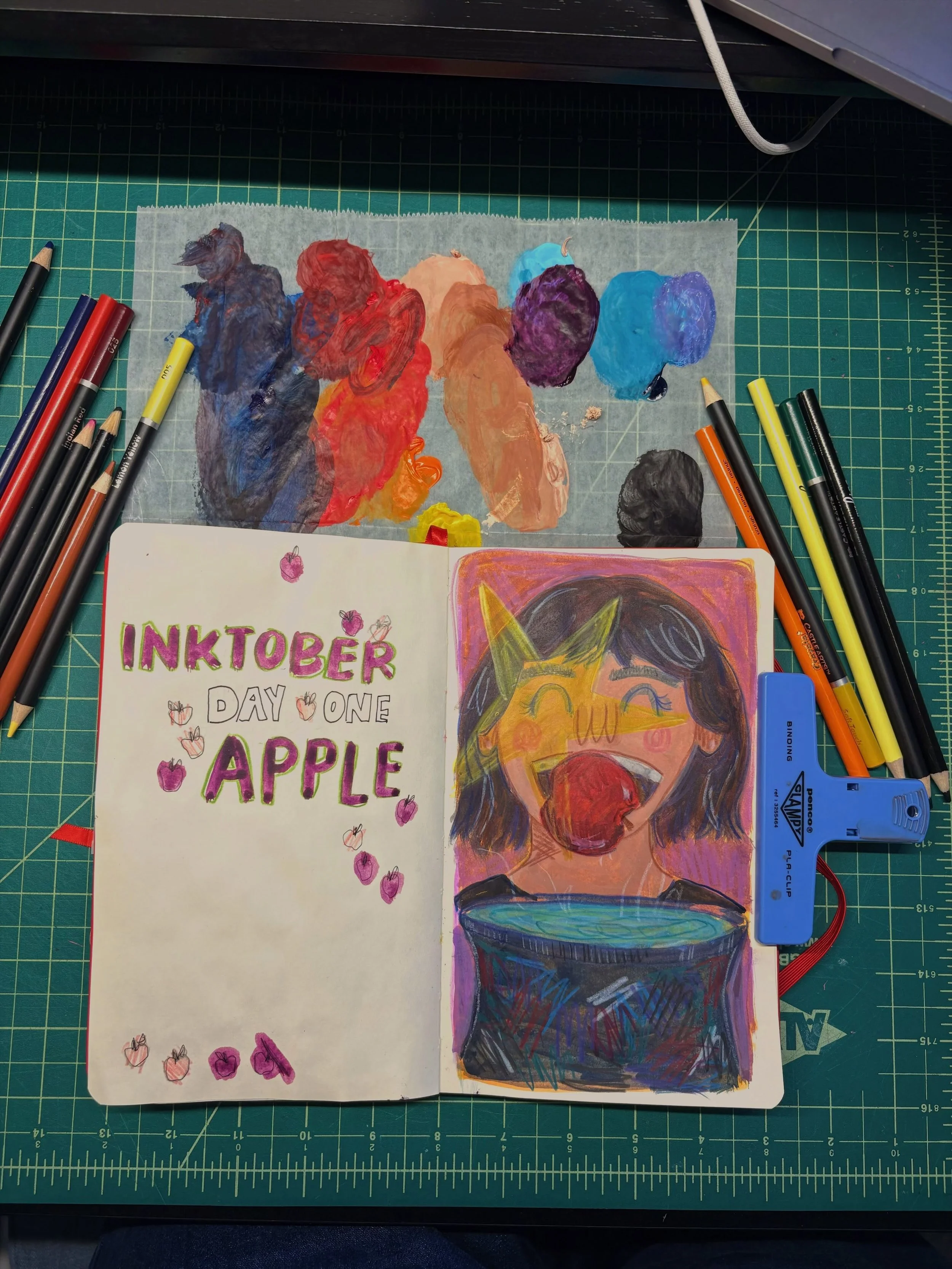 🍎INKTOBER DAY ONE: APPLE🍎

except it&rsquo;s mixed media and colorful
she&rsquo;s bobbing for an apple!! ⭐️🍎