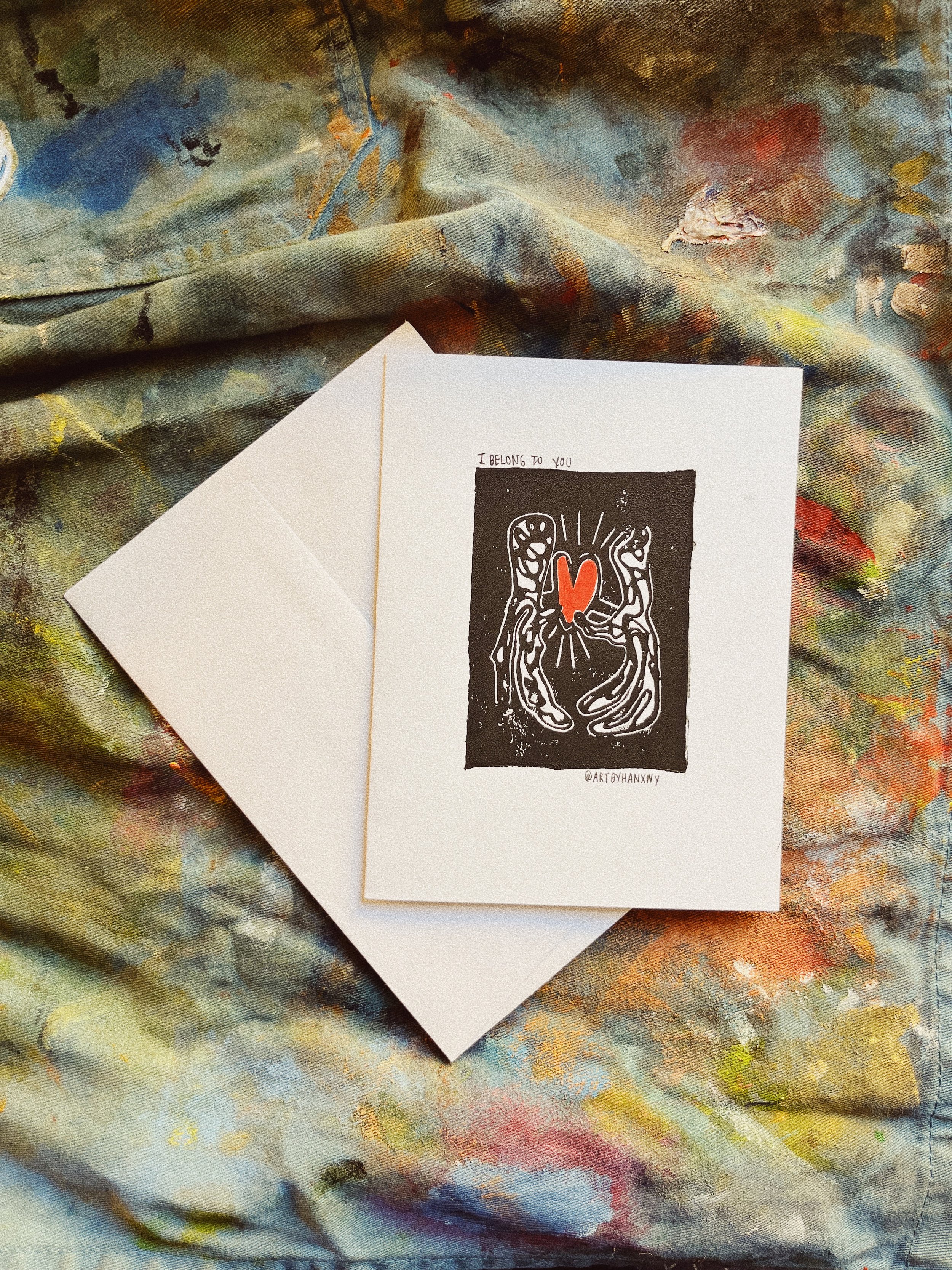i belong to you - linoleum print card