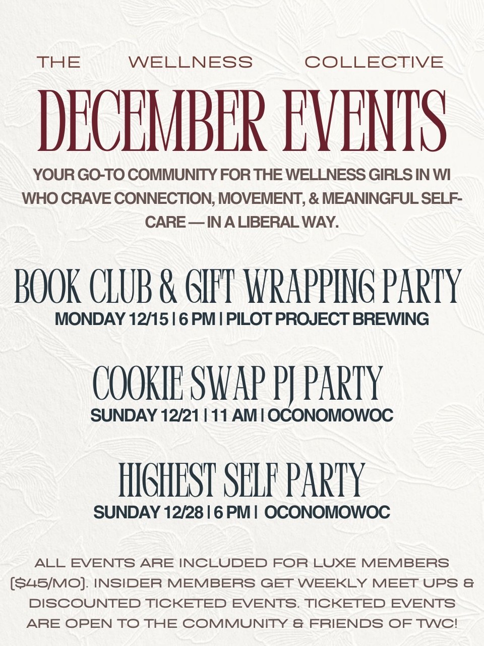 December events inside of The Wellness Collective 🤍 

I appreciate your patience in me sharing the details for our December events, btw members had access to these last week in our chat but the graphics and website updating was on the back burner be