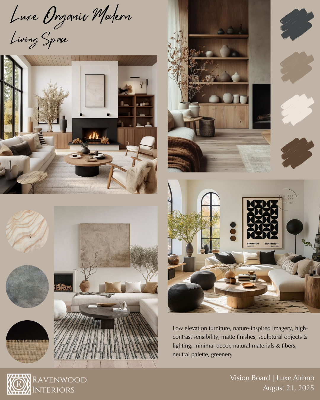 A collage showcasing four images of modern, low-elevation living rooms with earthy, natural color palettes and minimalist decor. The design features natural materials, sculptural objects, and greenery, emphasizing a neutral palette with black, beige, taupe, and gray tones.