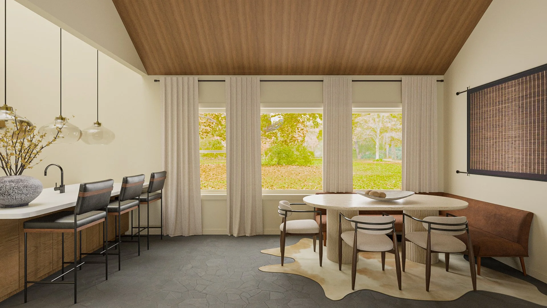 Modern kitchen and dining area with wood and white two-tone cabinetry, oxidized copper backsplash accent, stone countertop backsplash, glass pendant lights, and black leather bar stools
