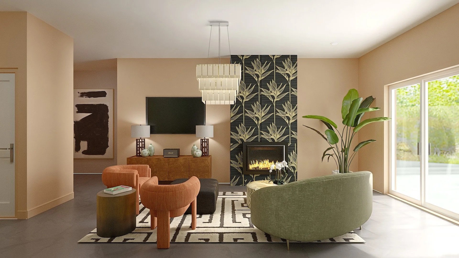 Palm Springs lounge with bird of paradise wallpaper and vintage Hollywood glamour aesthetic