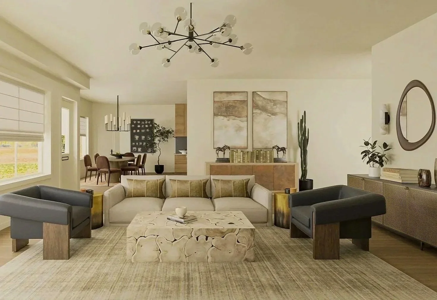 Mountain modern living room with concrete fireplace and velvet chairs, Boulder Colorado vacation home design
