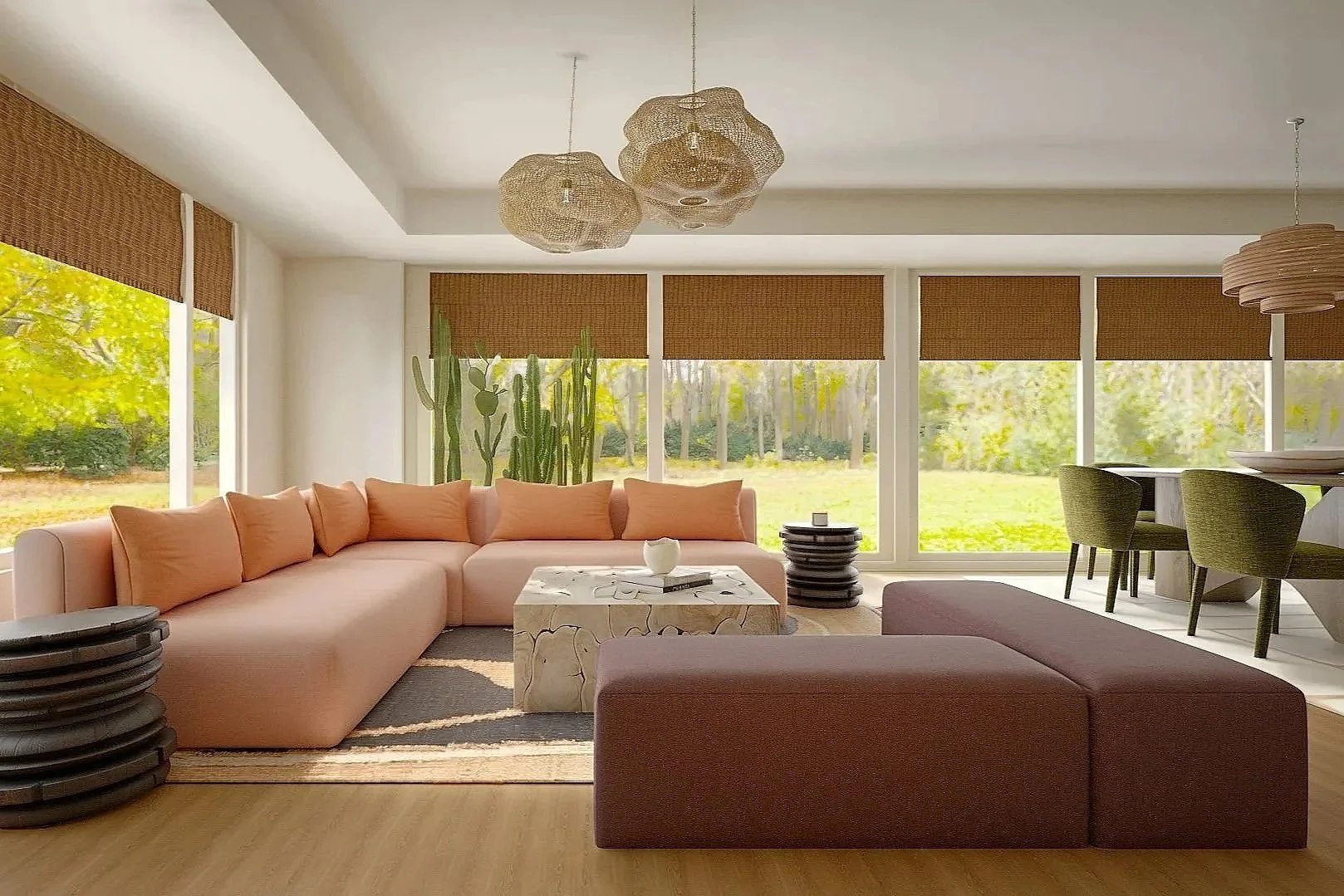 Mountain modern living room rendering featuring organic forms and natural materials, Colorado Plateau region