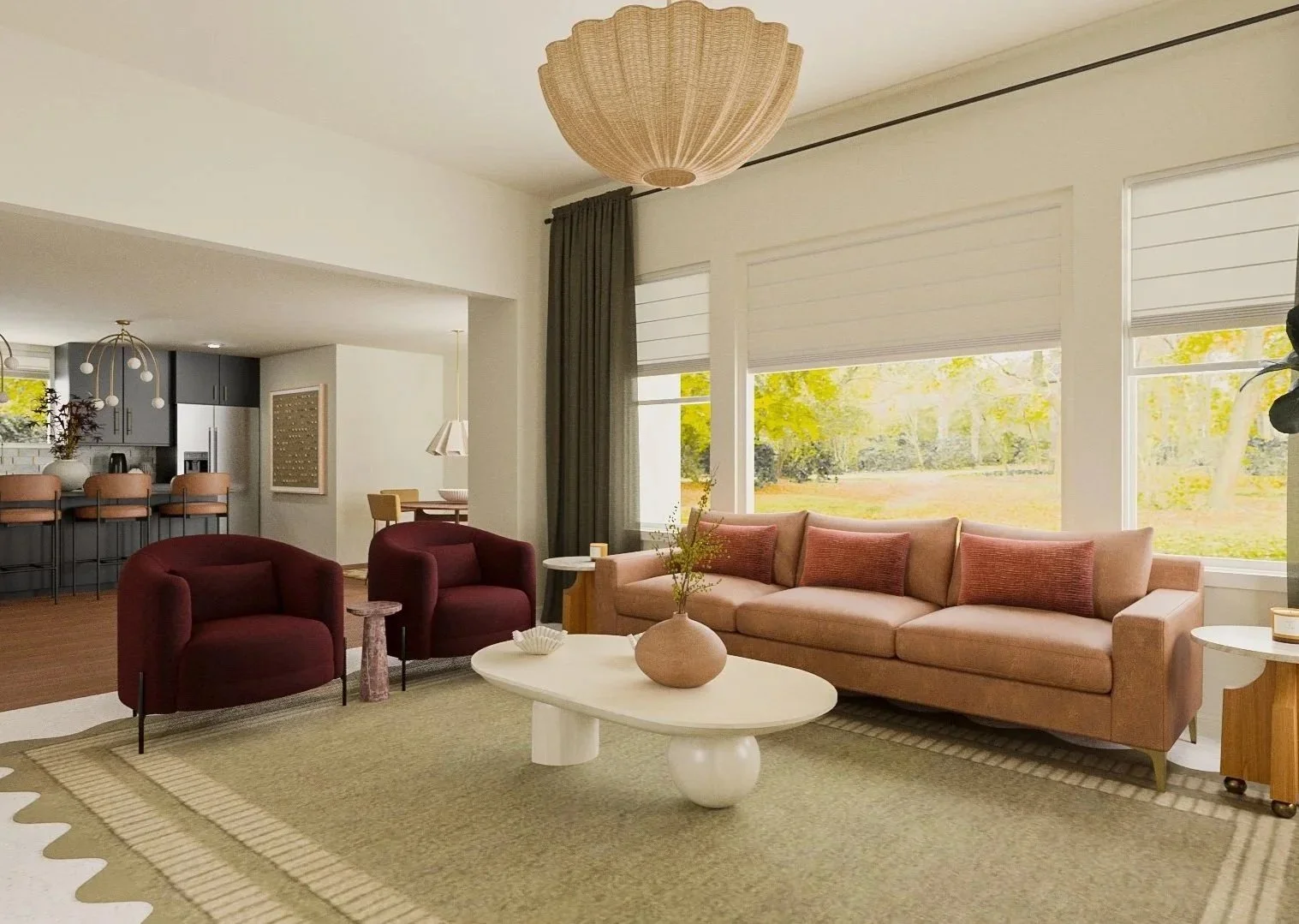 Living room rendering with statement lighting and modern decor, Denver interior design services
