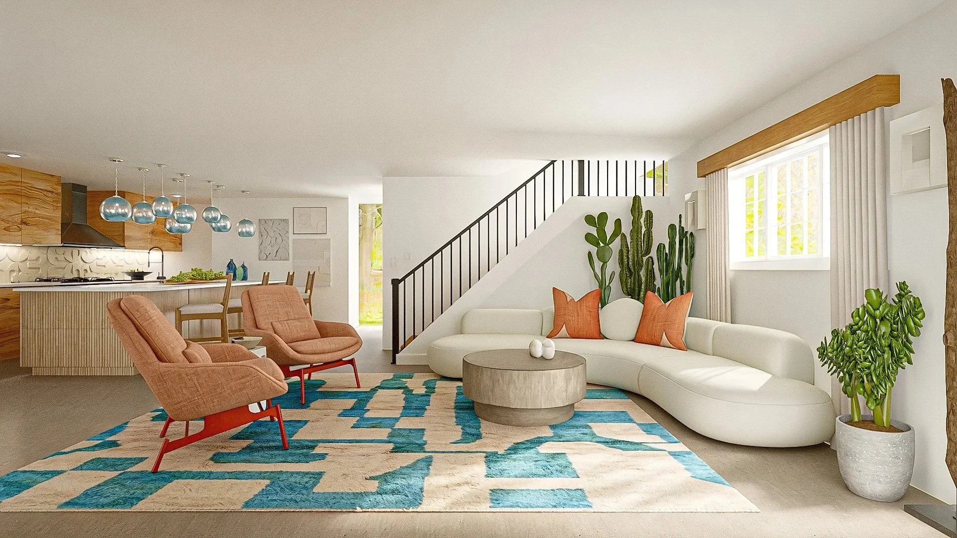 Mid-century modern kitchen with Aegean blue color palette and organic forms, Los Angeles interior design