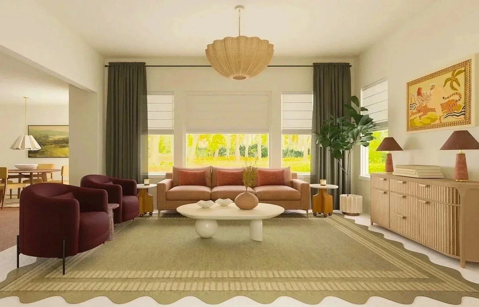 Living room rendering with statement lighting and modern decor, Denver interior design services