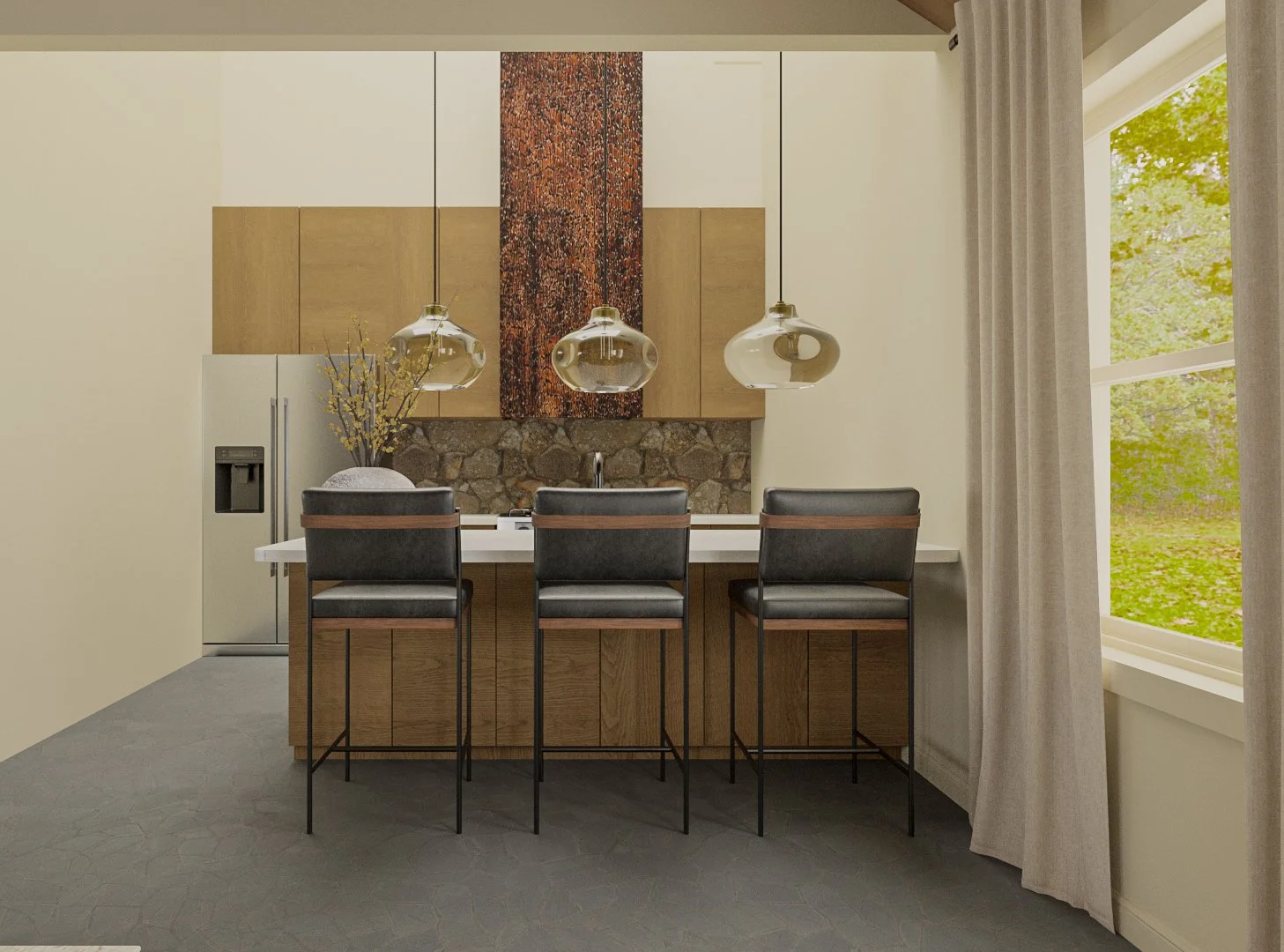 Open-concept dining and kitchen space with wood vaulted ceiling, round dining table with modern walnut chairs, organic area rug, glass pendant lighting, and floor-to-ceiling windows with natural light
