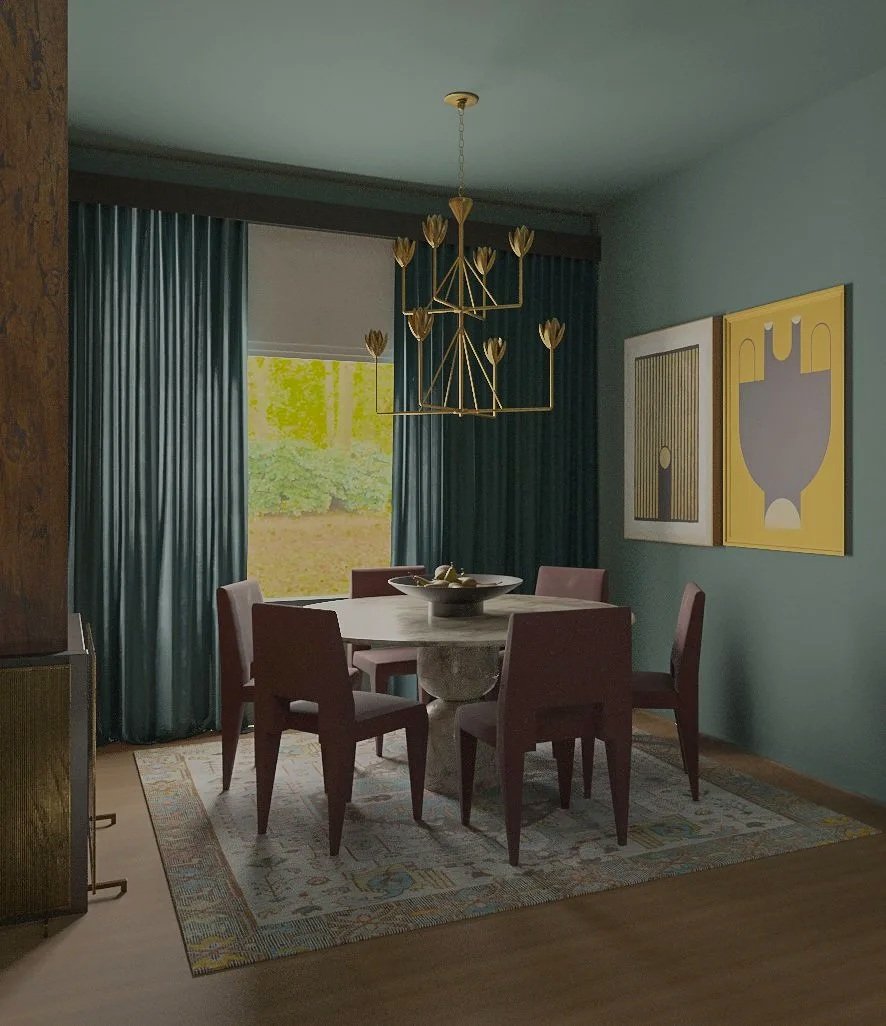 Moody dining room with deep teal walls, tailored drapery, contemporary artwork, and a statement chandelier above a round dining table.