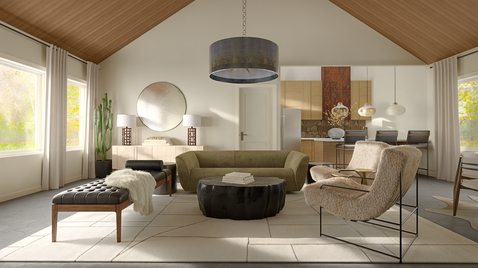 Living room with large windows, green sofa, beige armchair, black leather bench, round coffee table, and modern decor.