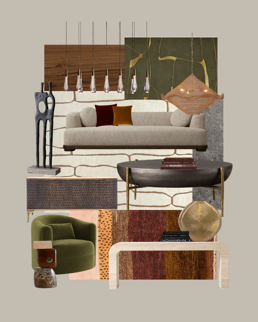 Collage of modern living room furniture and decor including a beige sofa with throw pillows, wooden and marble side tables, a green armchair, abstract sculpture, hanging light fixtures, and a colorful area rug.