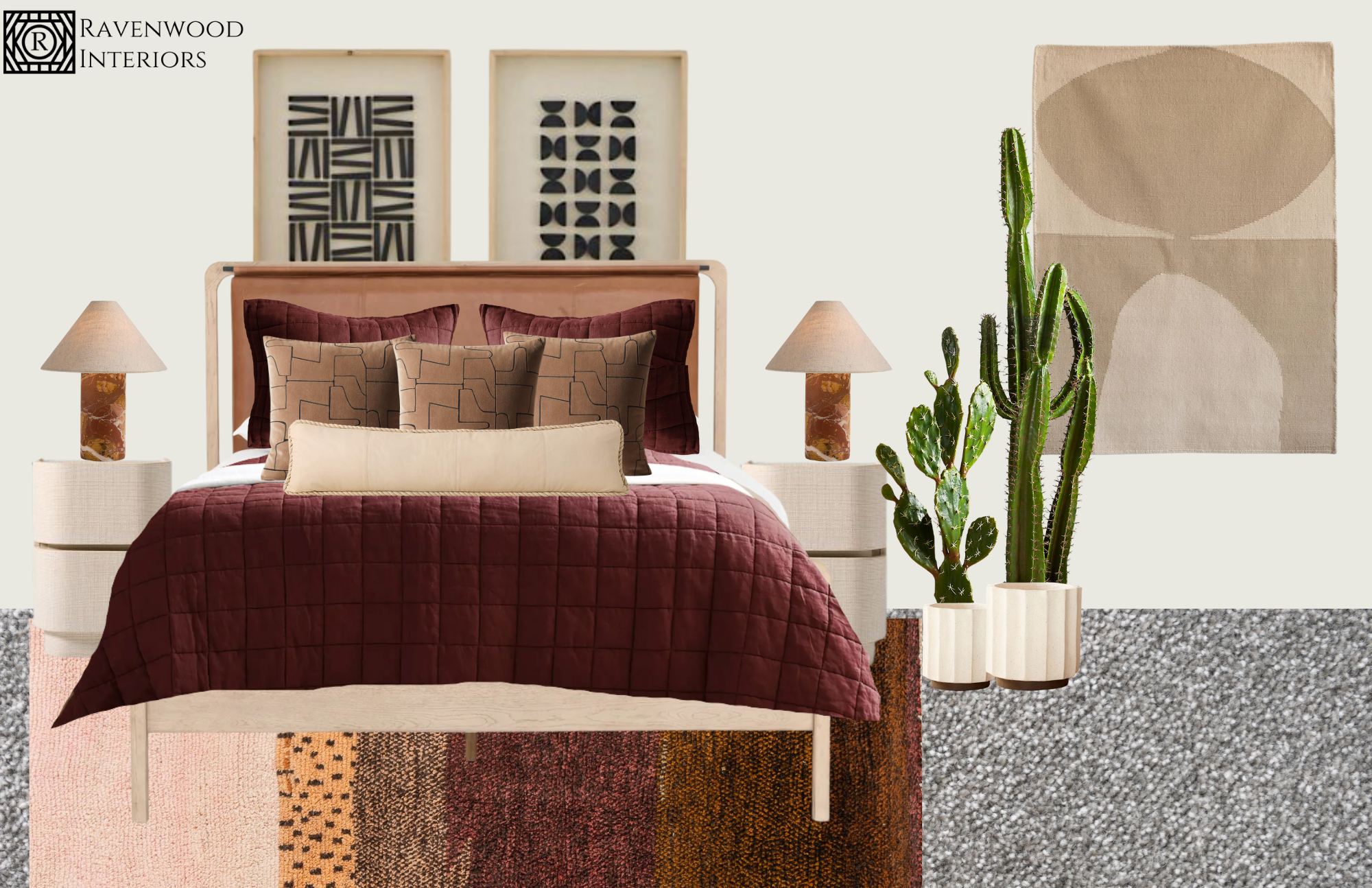 Bedroom interior with a bed featuring a maroon quilt and multiple pillows, two bedside tables with lamps, framed abstract artwork on the wall, two potted cacti, and textured rugs on the floor.
