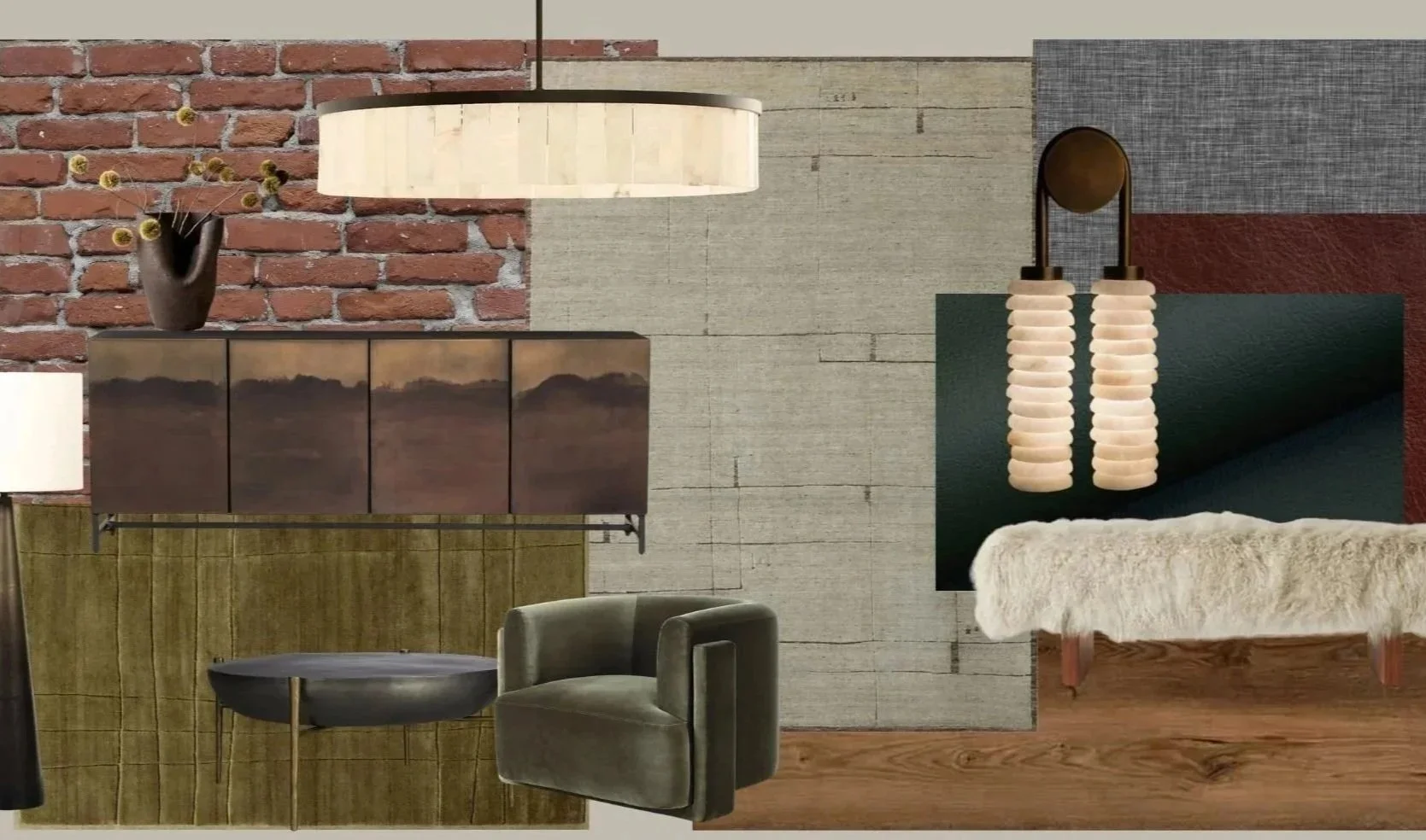 Interior of a modern living room with a brick wall, neutral colored wall panels, a wooden sideboard with a black vase holding dried flowers, a large drum-shaped pendant light, a green velvet armchair, a small black side table, a wall hanging with gray, red, and textured panels, a pair of elongated pendant lights with stacked rings, and a white furry bench on wooden flooring.