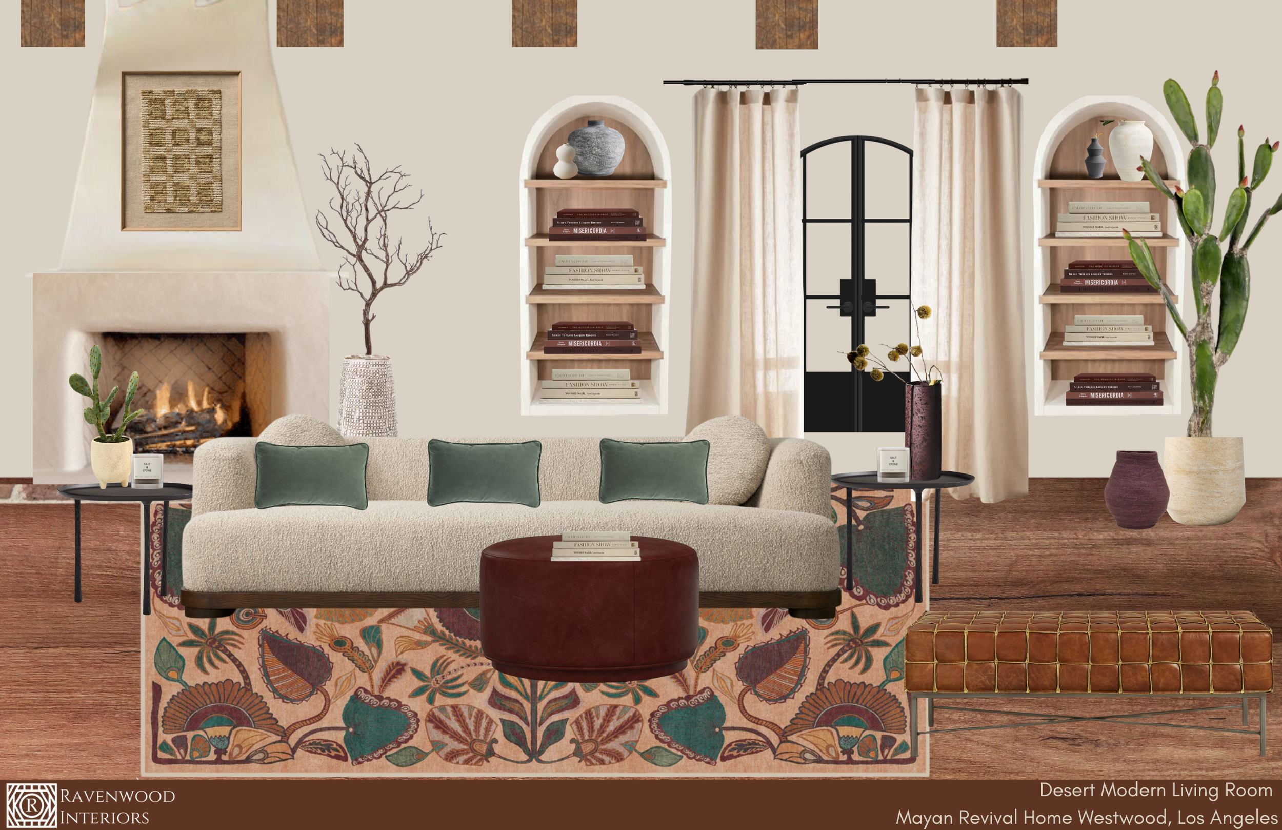 A desert modern living room with a fireplace, cream walls, built-in bookshelves, a black front door with white curtains, a beige sofa with green pillows, a round leather ottoman, and various decorative elements like vases and plants, including cacti.