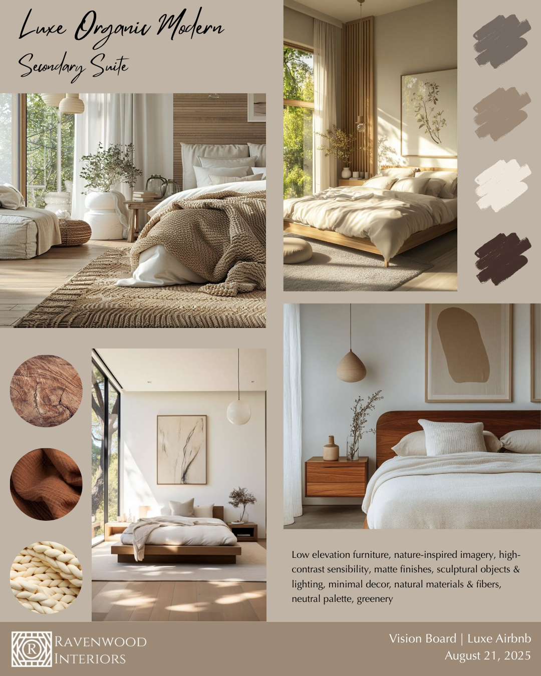 Collage of four images showcasing modern, nature-inspired bedroom interiors with natural materials, neutral color palettes, and minimal decor. The top left features a cozy bedroom with textured bedding and a wooden accent wall. The top right shows a bright room with a low wooden bed frame and large windows. The bottom left depicts a simple, sleek bedroom with large windows and abstract art. The bottom right displays a minimalist bedroom with soft lighting, a wooden headboard, and simple decorations. The design emphasizes earth tones, natural fibers, and sculptural objects.