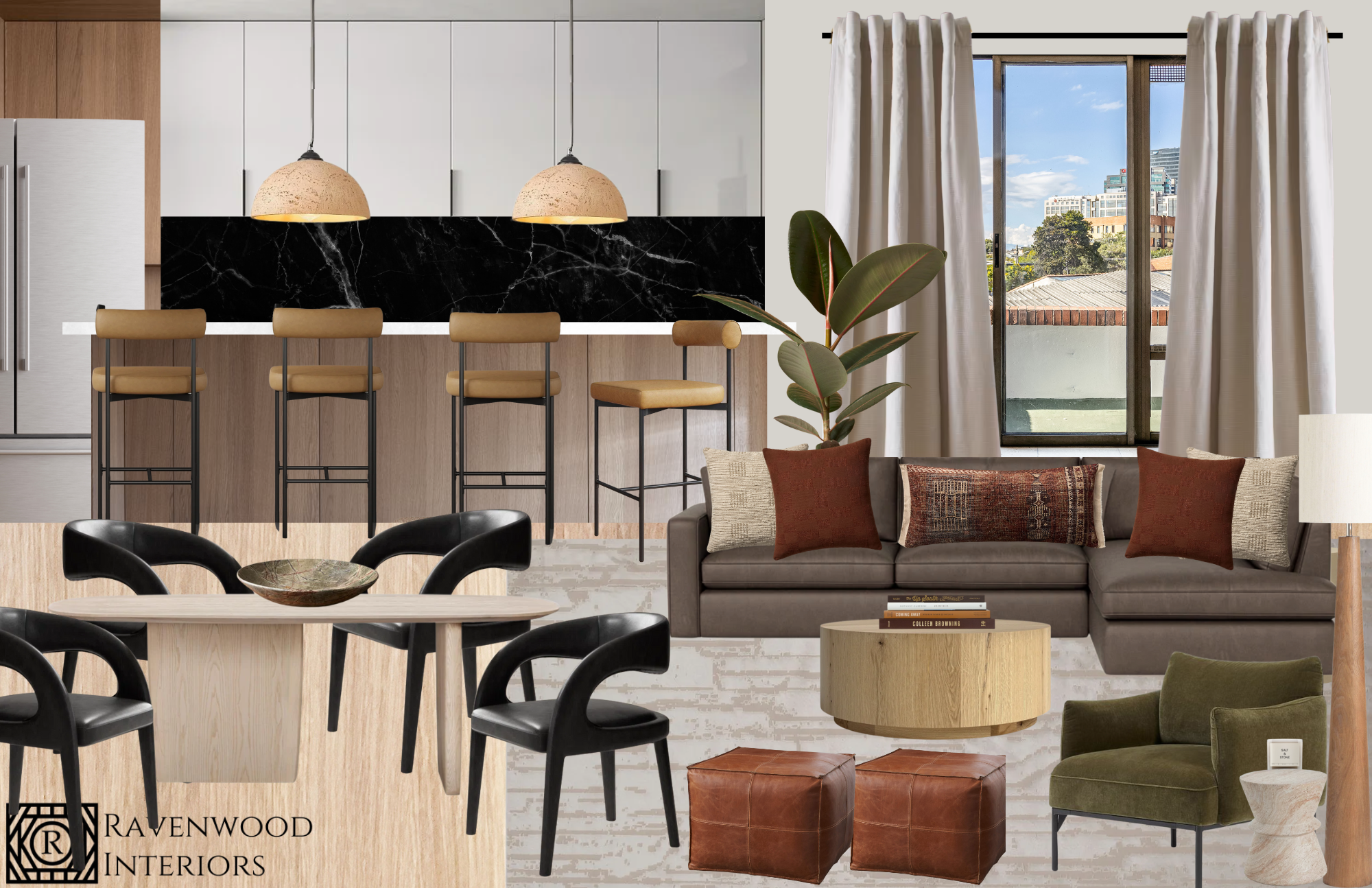 Open-concept living and kitchen area with black, beige, and brown furniture, a large window with white curtains showing city buildings and blue sky, and a cozy decor style.