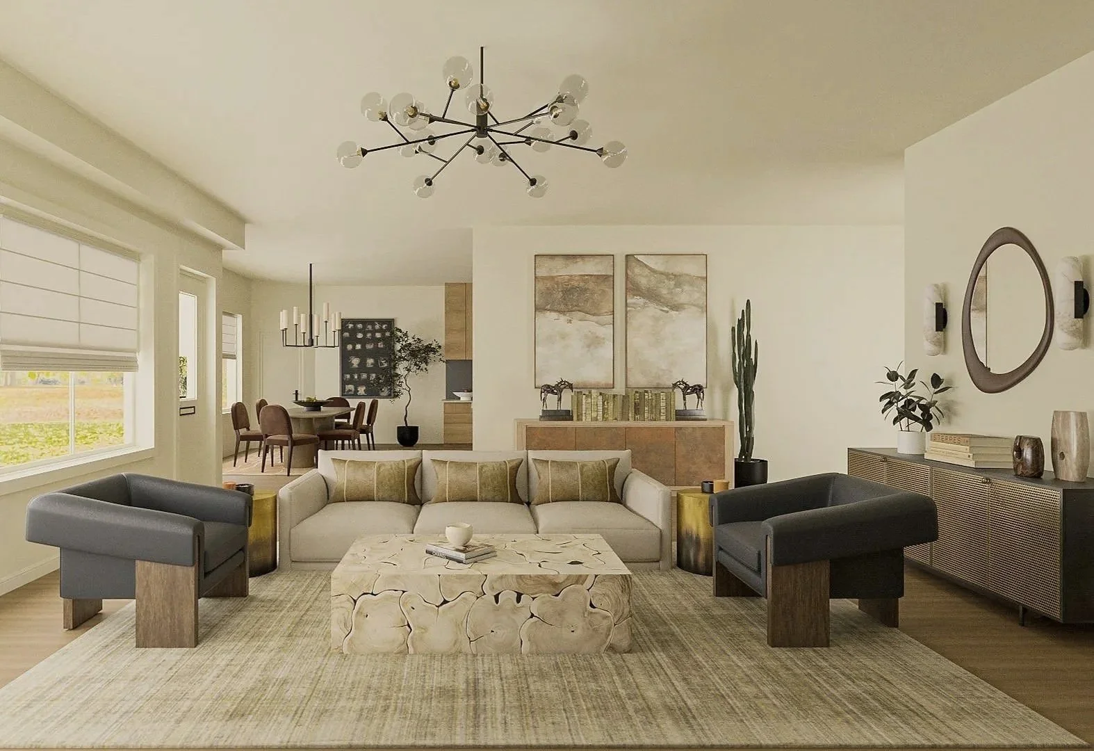 Mountain modern living room in a Boulder, Colorado vacation home, featuring sculptural seating, layered neutrals, warm wood tones, and contemporary furnishings.