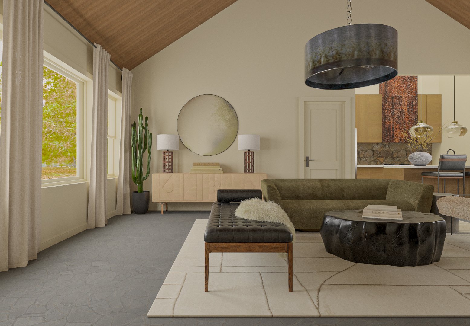 Mountain modern living room with olive green curved sofa, black tufted leather ottoman coffee table, textured sheepskin seating, oversized drum pendant light, round mirror, and wood vaulted ceiling
