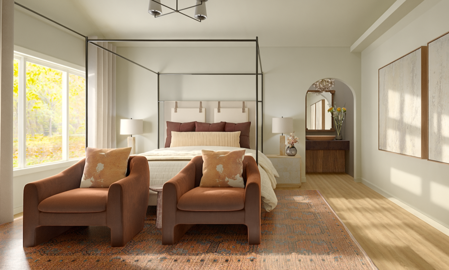 A bedroom with a bed framed by a black metal canopy, two brown armchairs with pillows, two nightstands with lamps, a window with sunlight, and a wooden dresser with a mirror and vases with flowers.