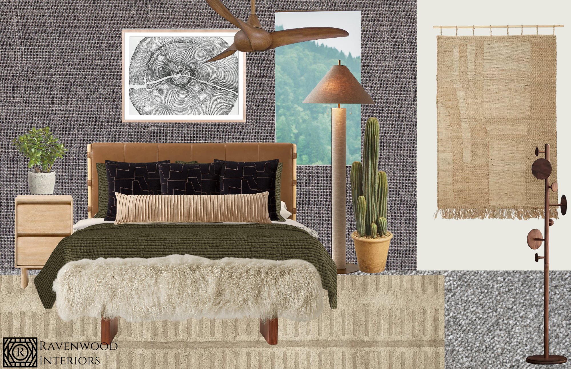 A cozy bedroom interior with a bed, bedside table, potted plant, cactus, floor lamp, wall art, and textured wall and rugs.