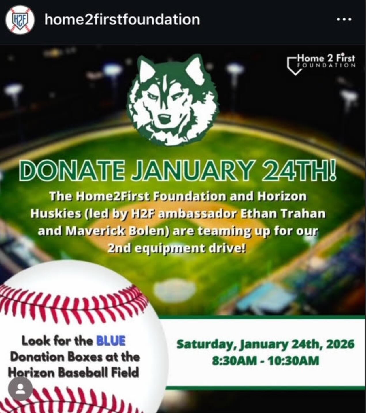 Dear Horizon Baseball Families,
 
We are looking forward to your support for the Horizon Gives Back initiative on Saturday January 24th from 8:30am -10:30m!  We are so excited to partner with Horizon baseball again for our 2nd annual equipment drive,