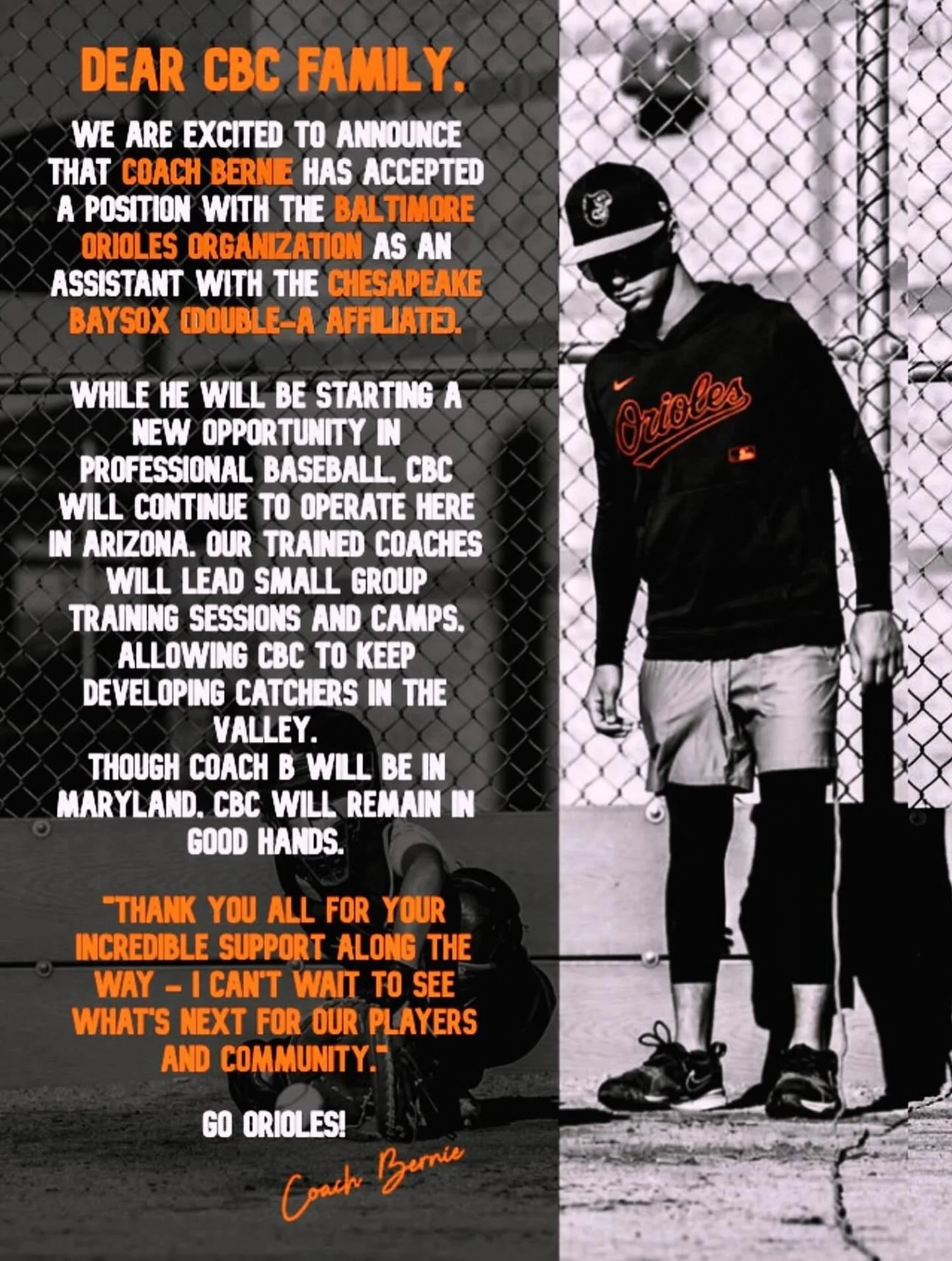 The Horizon baseball community would like to give a huge congratulations to &ldquo;Coach Bernie&rdquo; (Andrew Bernstein) for his announcement of getting a coaching position within the Baltimore Orioles organization! Bernie has made a huge impact in 