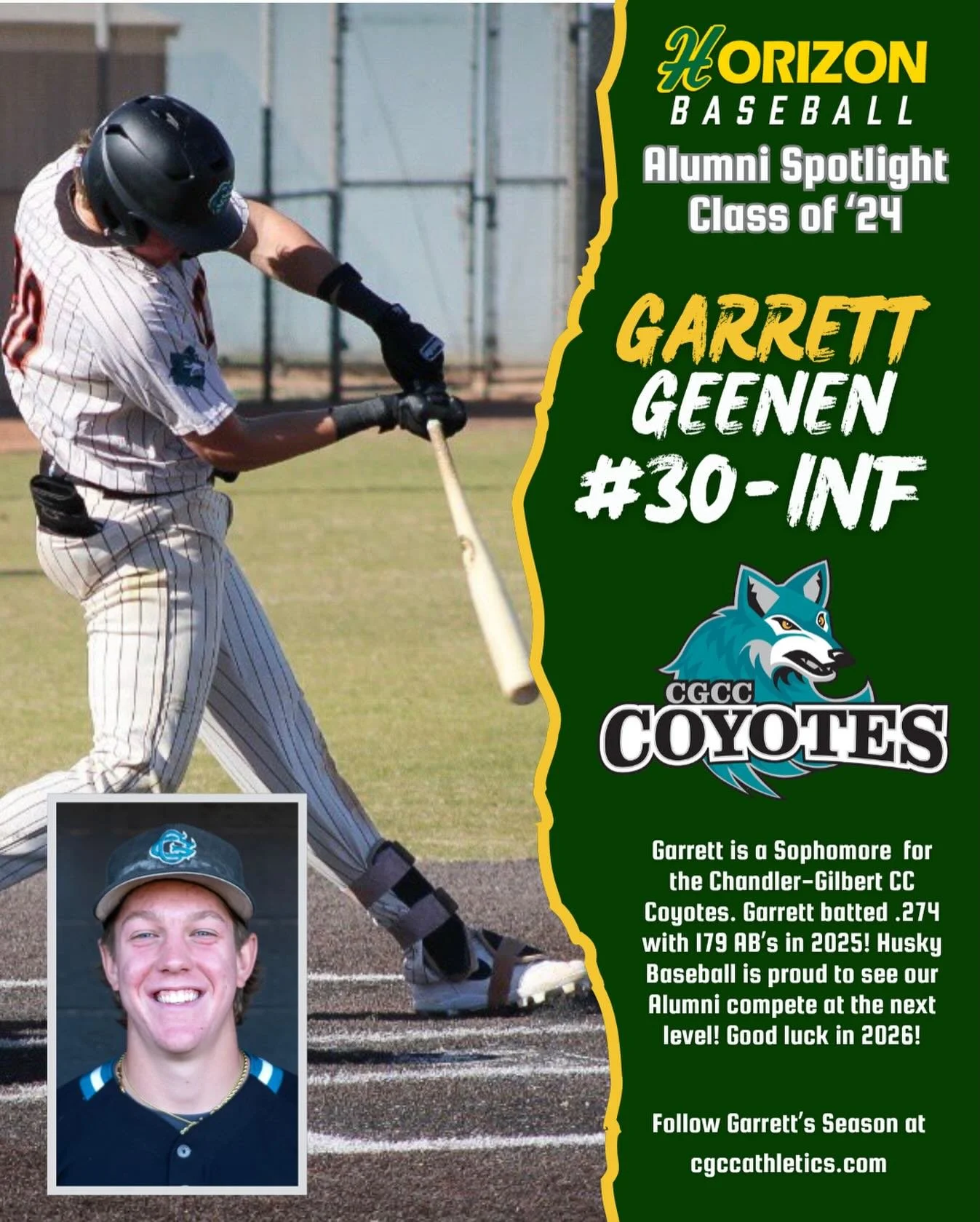 Our spotlight of @husky_baseball_ Alums on their College Baseball Journey continues! Today we take a look at former Husky @garrett_geenen (c/o &ldquo;24)! Garrett is entering his Sophomore year playing for the Chandler-Gilbert CC Coyotes! This is Gar
