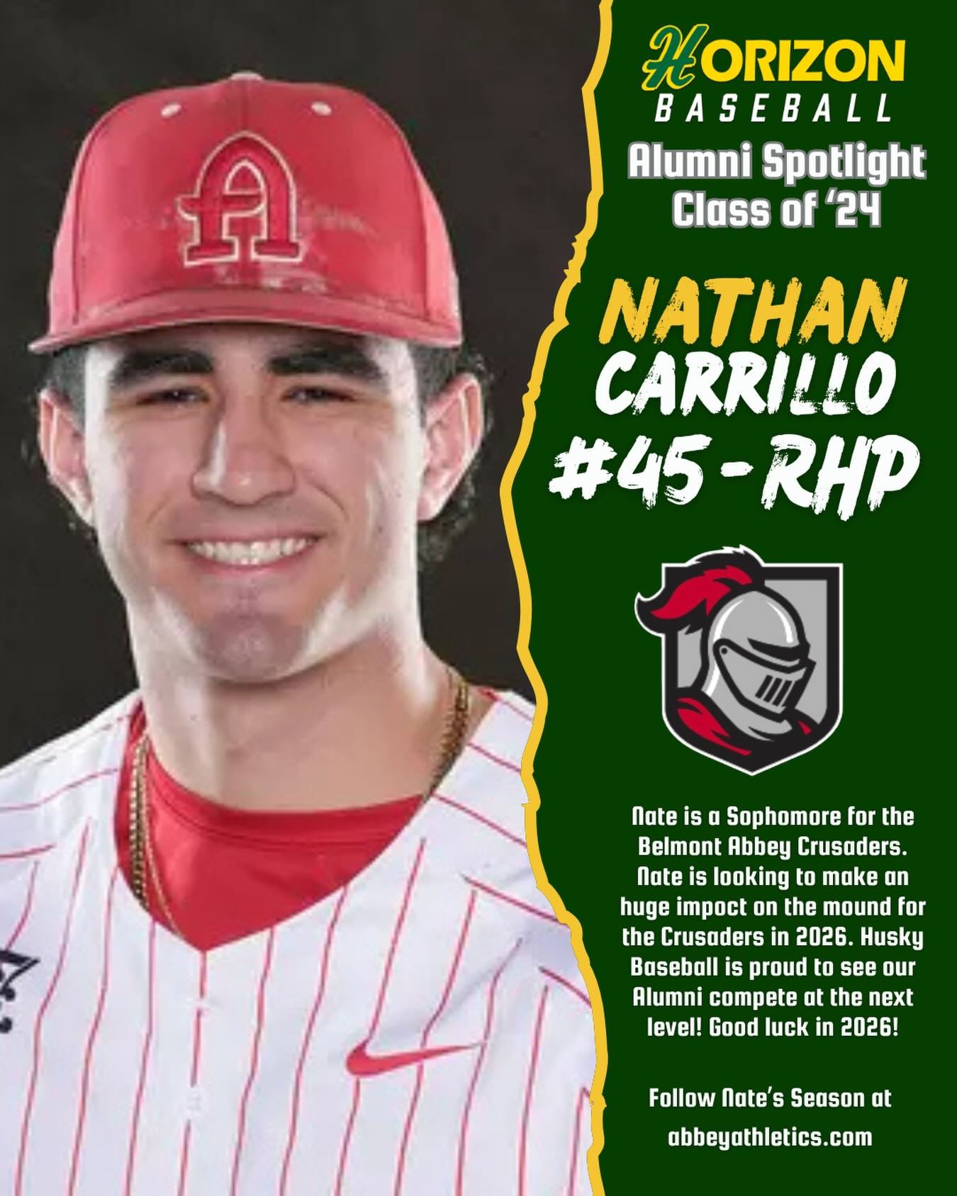 Happy Wednesday Husky Nation! Our spotlight of @husky_baseball_ Alums on their College Baseball Journey continues! Today we take a look at former Husky  @nathan__carrillo (c/o &lsquo;24)! Nate is currently playing in his Sophomore year as a Pitcher f