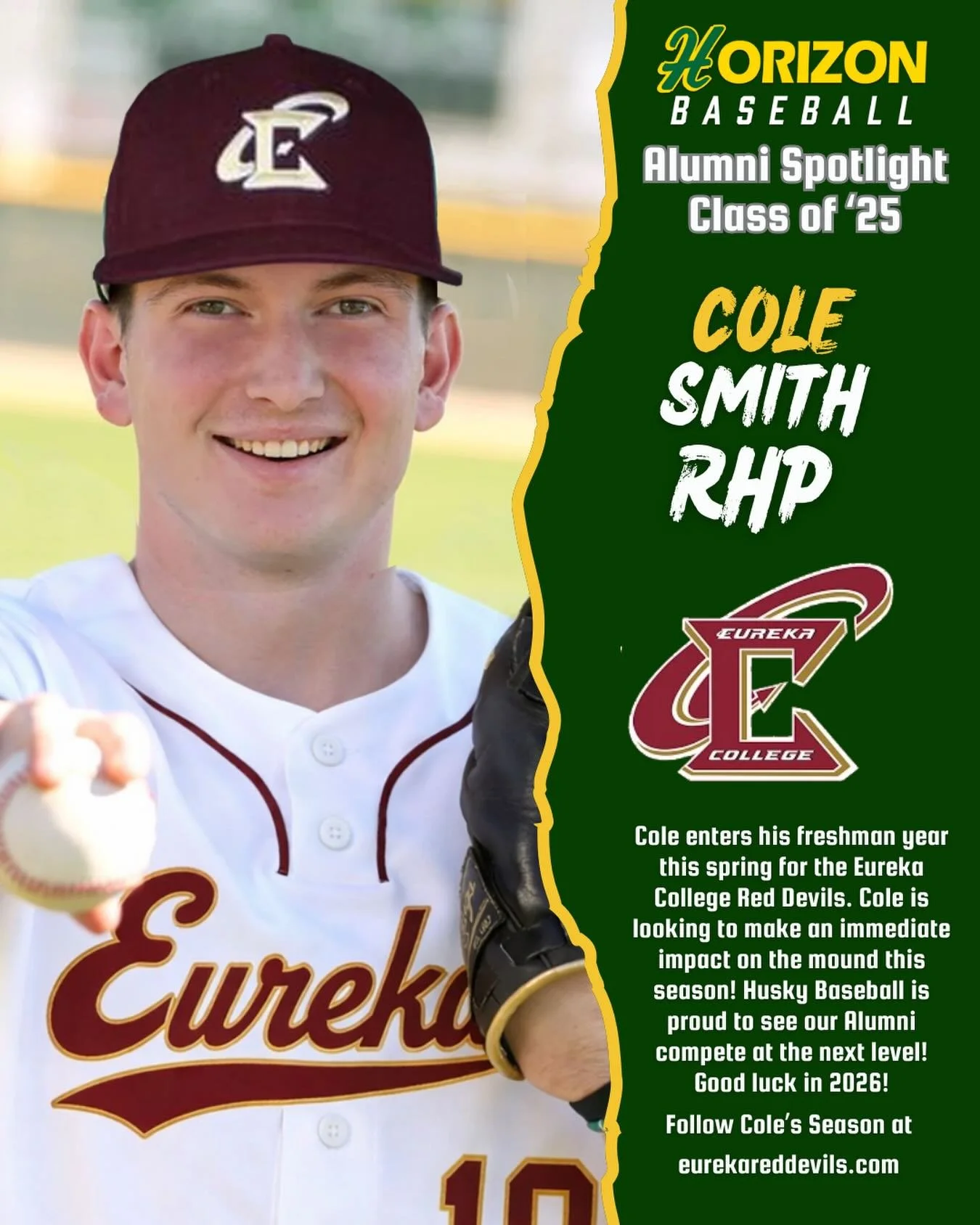 Happy Sunday! Our spotlight of @husky_baseball_ Alums on their College Baseball Journey continues! Today we take a look at former Husky  Cole Smith (c/o &lsquo;25)! Cole is entering his freshman year playing for the Eureka College Red Devils! Coles s