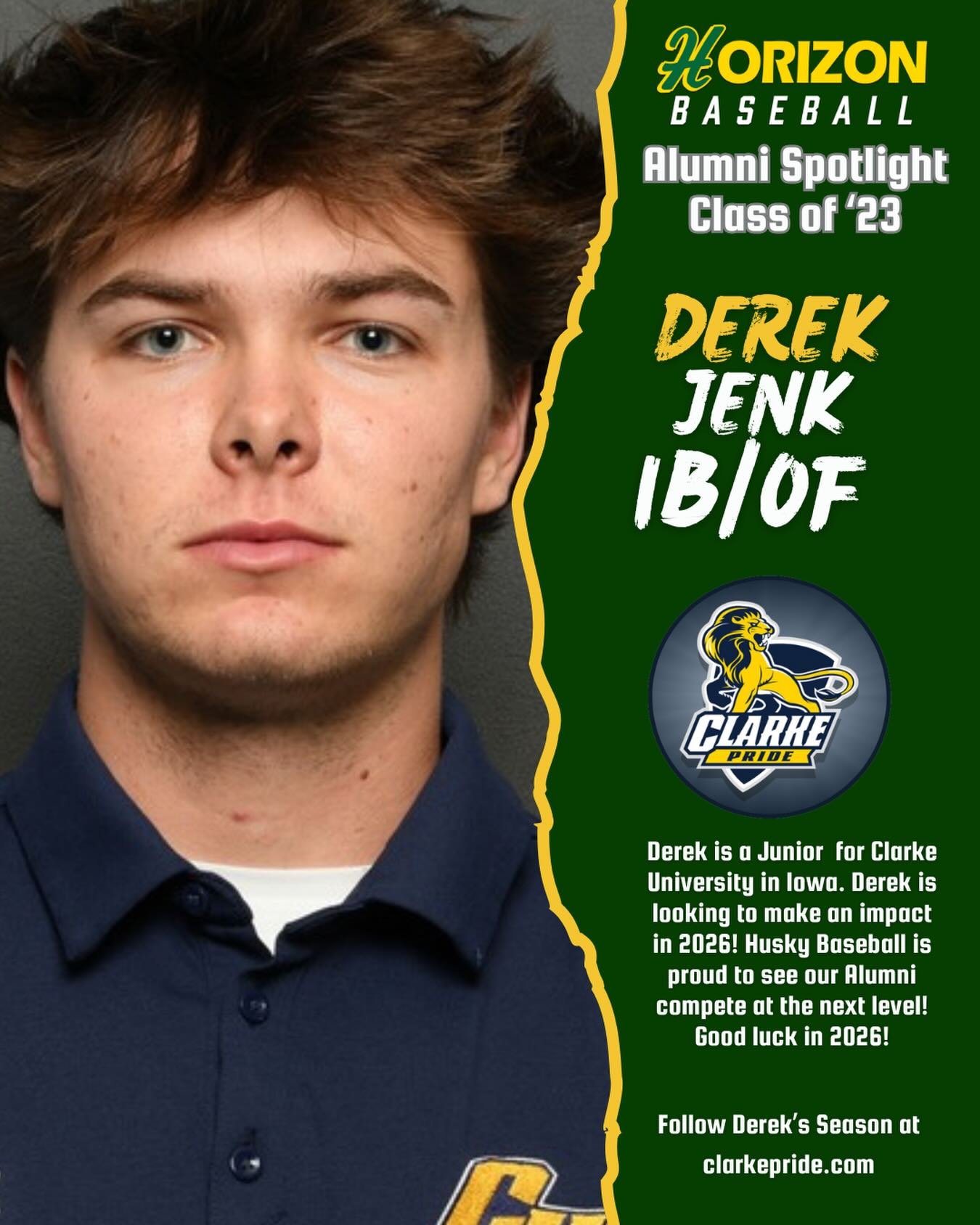 Happy Presidents Day Husky Nation! We continue our look at @husky_baseball_ alumni on their College Baseball Journey! Today we highlight derek.Jenk (c/o 23)! Derek is a Jr., currently playing 1b/of &amp; pitching for the Clarke University Pride locat