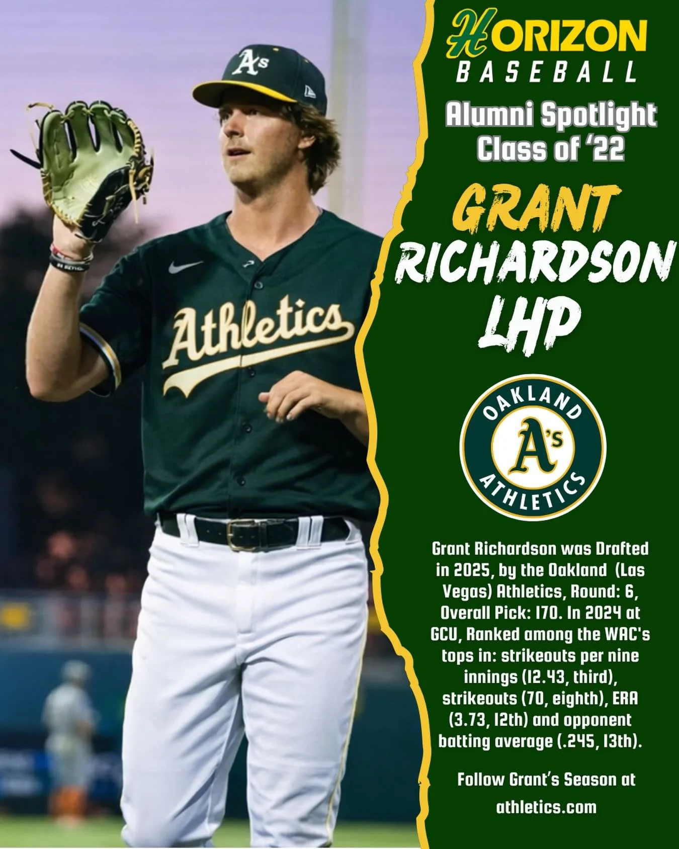 Happy February 21st Husky Nation! We continue our look at former Huskys on their Baseball Journey! Today we look at former Husky @grant__richardson who was recently drafted by the Oakland (Las Vegas) A&rsquo;s after a stellar run at @gcu_baseball ! P