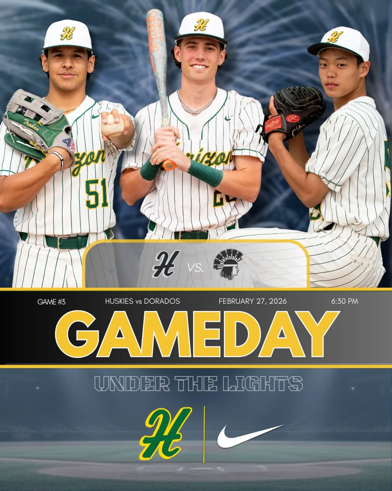 Horizon returns to Husky Field &ldquo;Under The Lights&rdquo; tonight facing the Canyon Del Oro Dorado&rsquo;s from Tucson in Game 3 of the Adam Donnenfield Classic. Let&rsquo;s get Husky Nation out in a big way  to support the boys in some Friday Ni