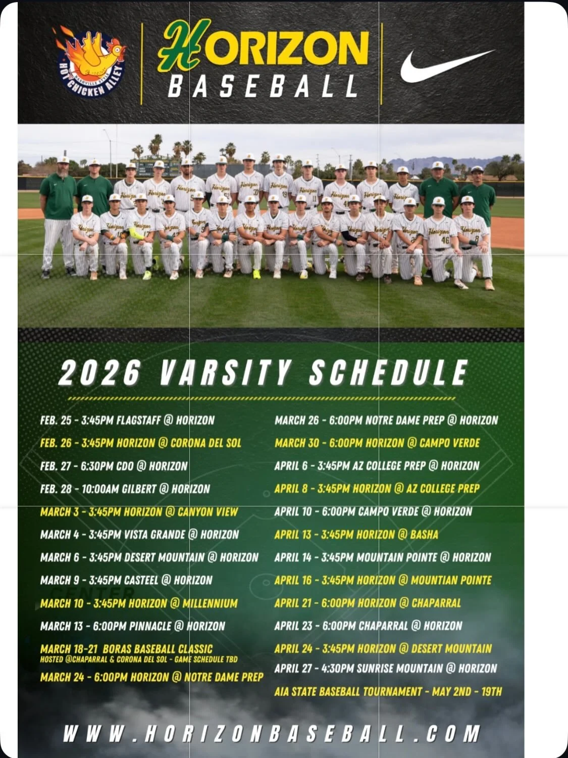Good afternoon Husky Nation! Quick schedule update for the Varsity baseball team&hellip; due to the @horizonwbb basketball team having their AII State playoff game on Friday night, our game versus Desert Mountain will begin at 3:45pm instead of 6pm, 