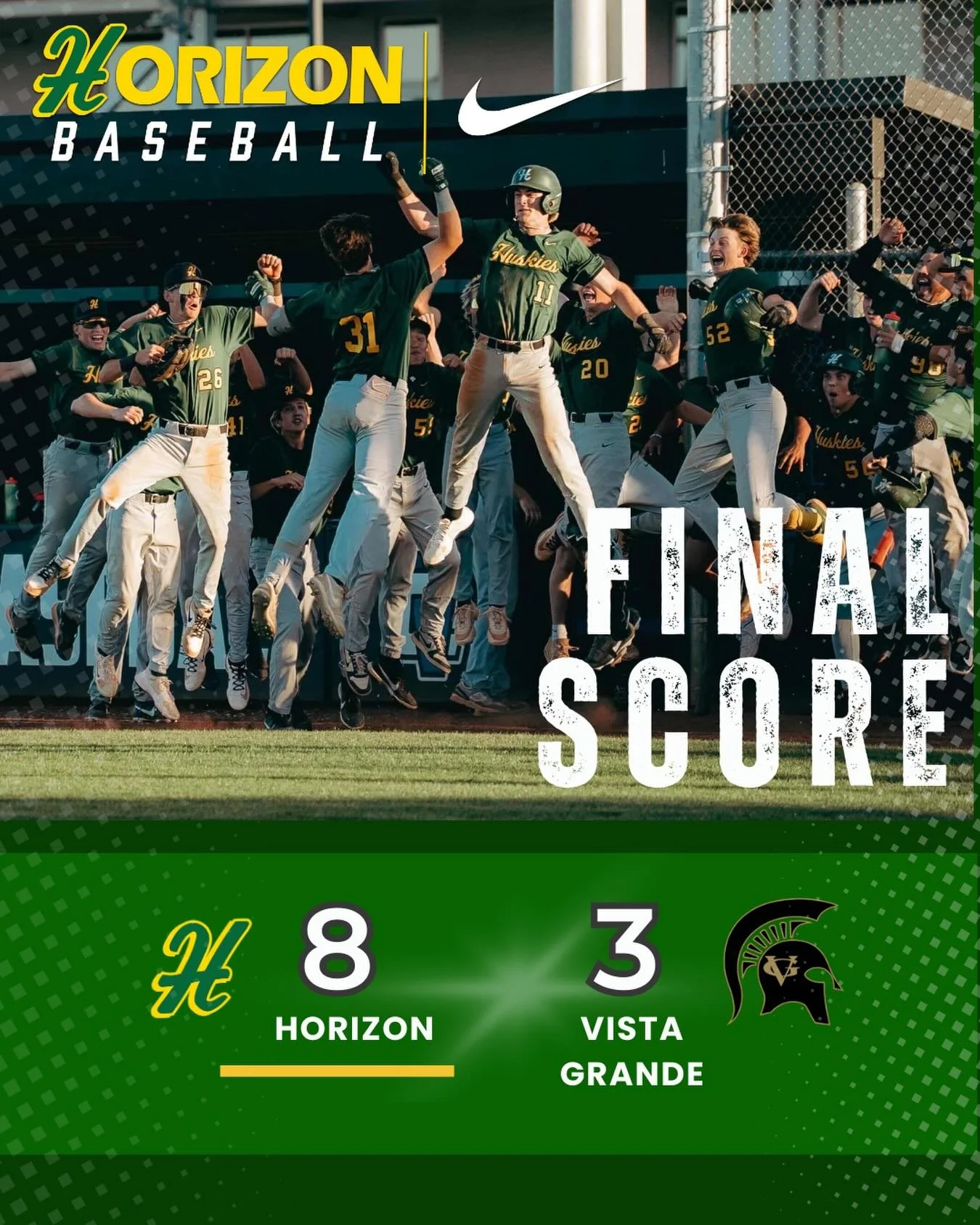 The Huskies were victorious against the Vista Grande Spartans  8-3 on Wednesday at Horizon High School.

Vista Grande jumped out to the lead in the top of the first inning after Matthew Morrow singled, scoring two runs, and Braden Weber induced Kaleb