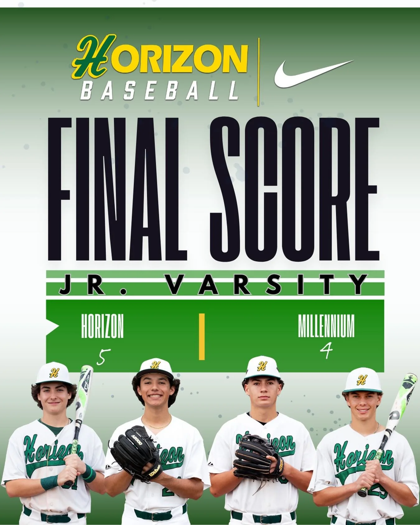 Horizon Junior Varsity Huskies bested Millenium 5-4 on Tuesday after taking the lead late in the game. The game was tied at four in the bottom of the fifth when Aidan McKendry grounded out, scoring one run.

Despite falling down by four runs in the f