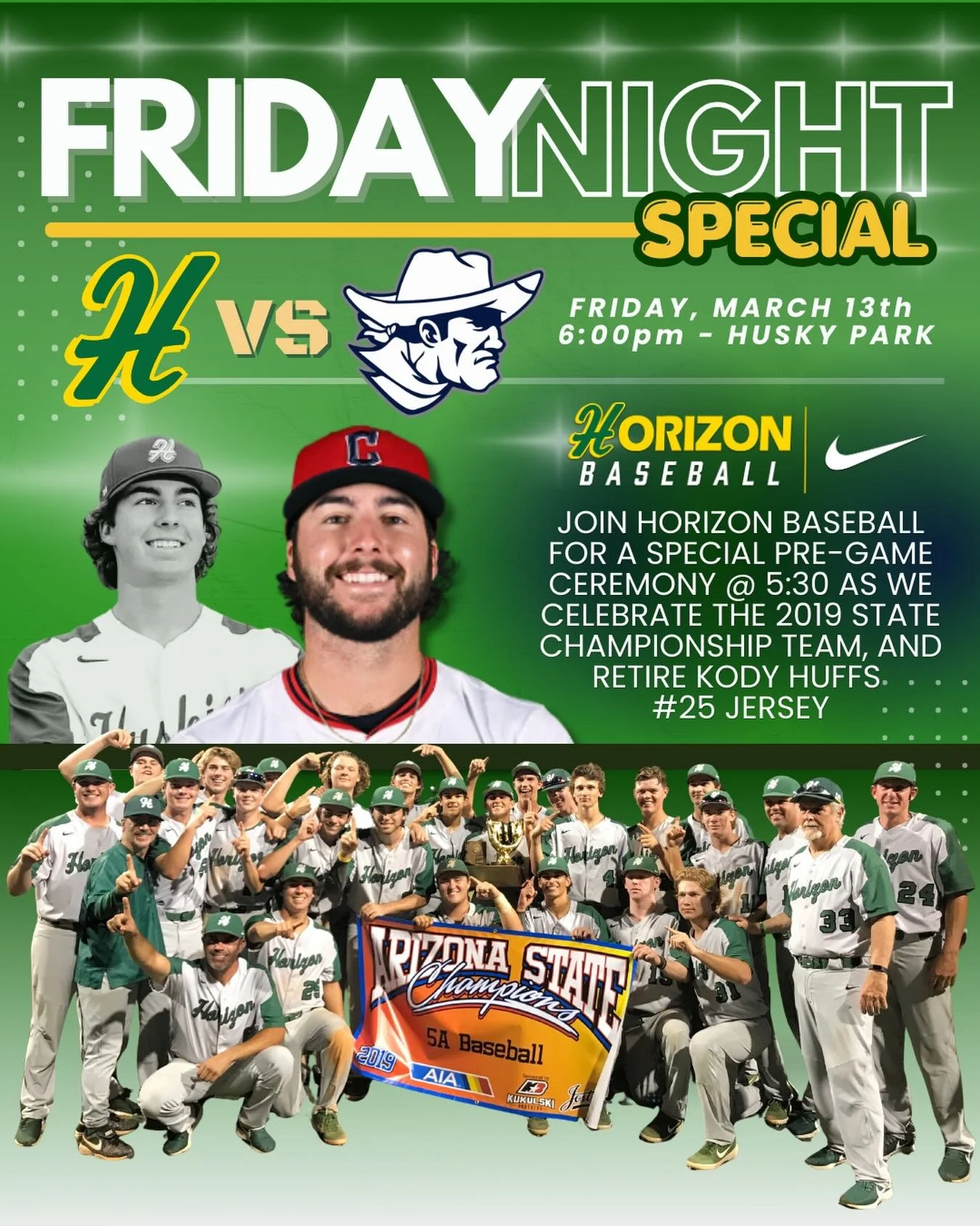 Husky Nation!! Excited to invite all of our amazing friends, family and Former players to Husky Park this Friday night to help us celebrate! Coach Kibler will be on hand to help us honor the 2019 Horizon HS  State championship team, and we will also 